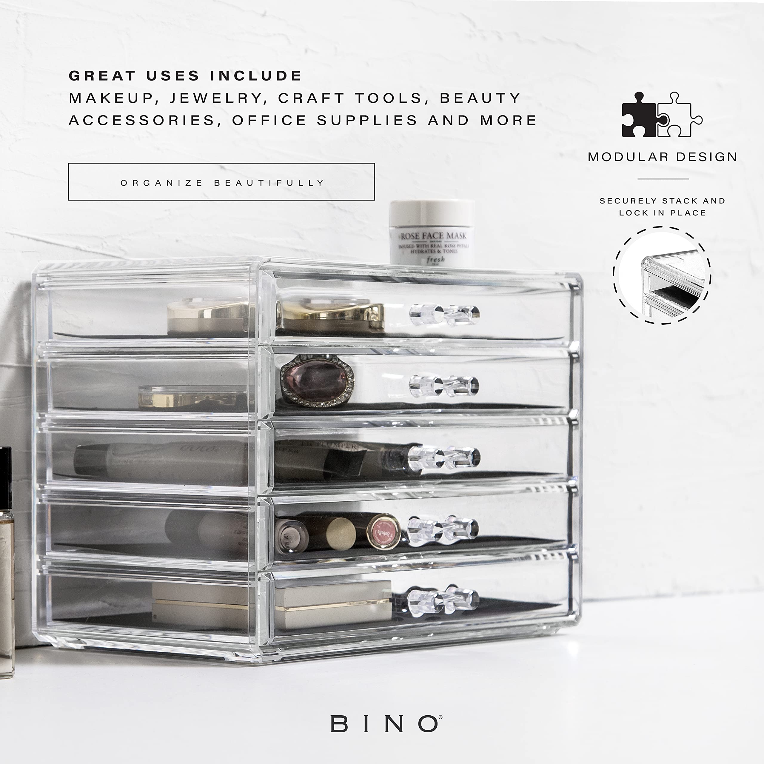 BINO THE MANHATTAN SERIES Acrylic Makeup Drawer Organizer- 5 Drawers | Clear Beauty Organizers and Storage| Cosmetic & Makeup Dr
