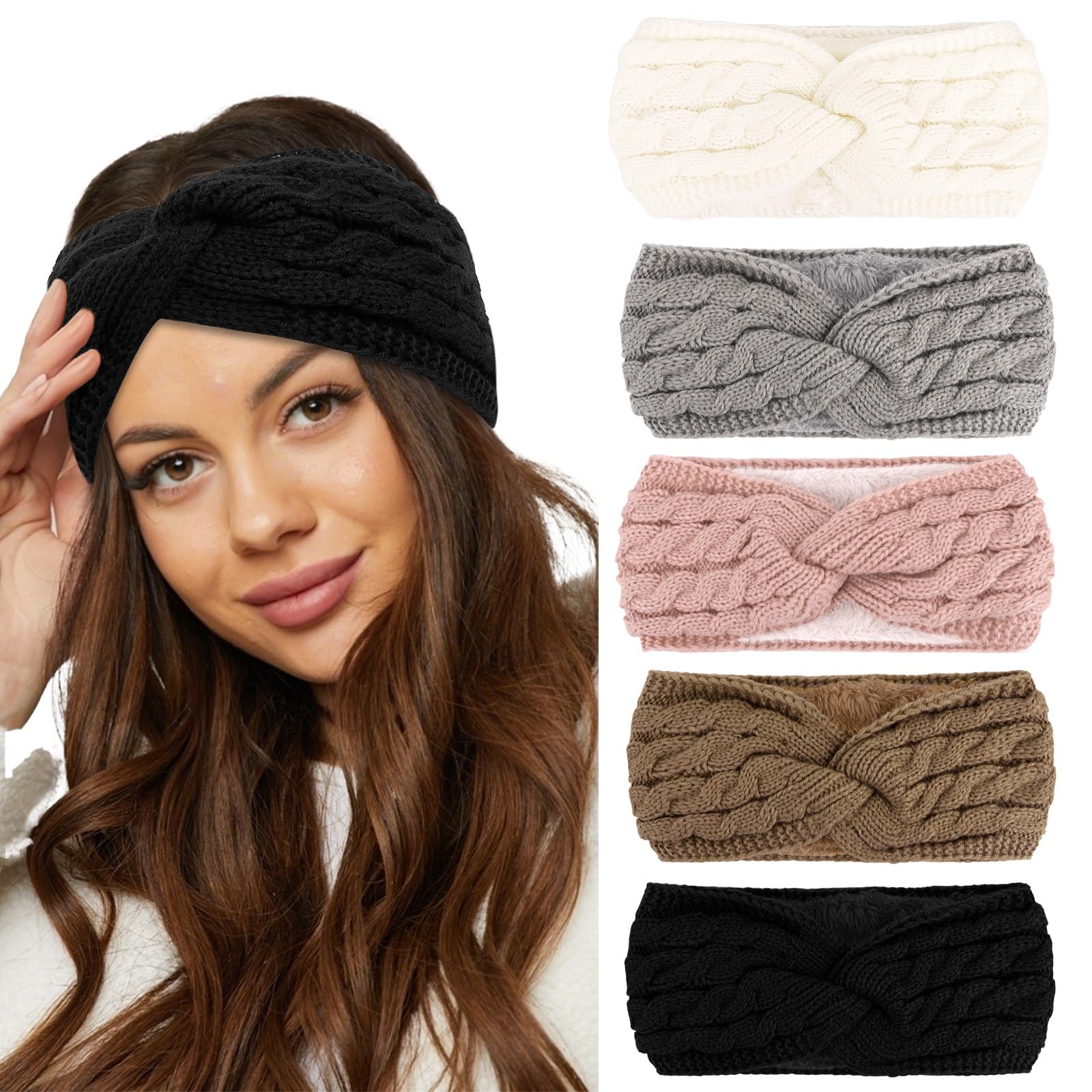 CIEHER 5 Pieces Knit Wide Winter Headbands for Women,Crochet Turban Headbands, Stretch Knit Wide Headband Winter Ear Warmer Thic