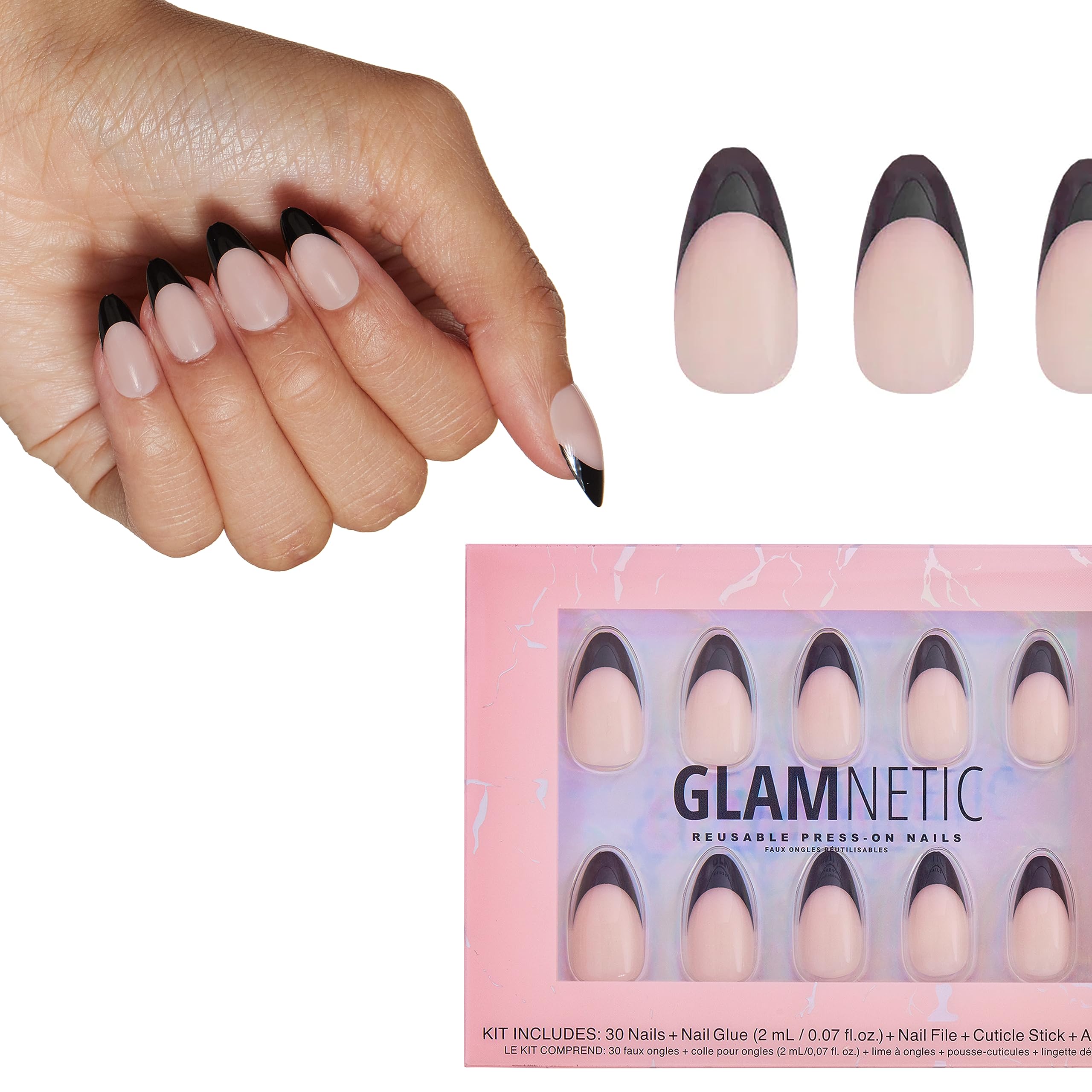 Glamnetic Press On Nails - Caviar  Semi-Transparent, Short Almond Nails, Reusable  15 Sizes - 30 Nail Kit With Glue