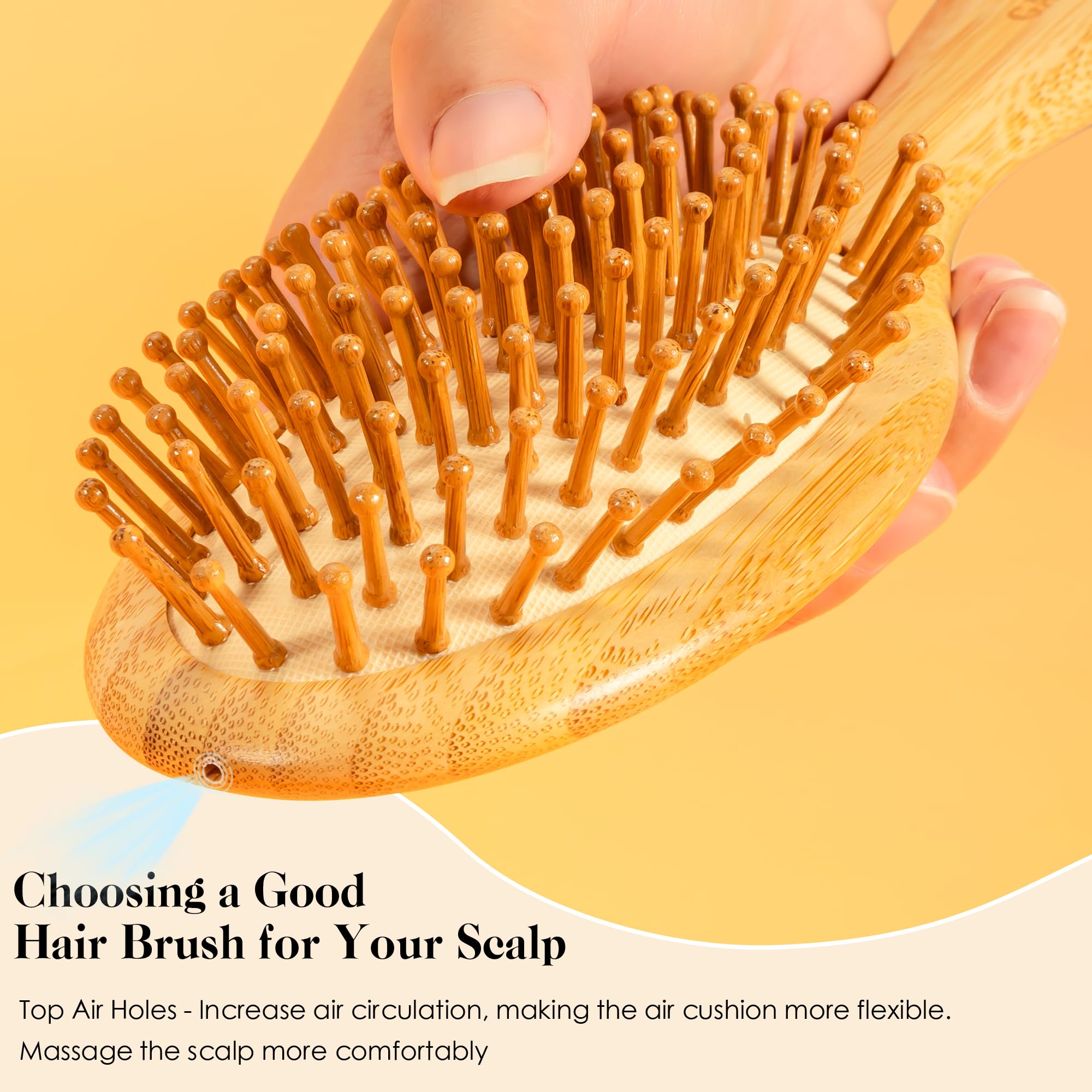 GAINWELL Bamboo Paddle Hair Brush, Natural Bamboo Bristles, Detangling, 1 Count, Yellow, for All Hair Types, Massaging Scalp