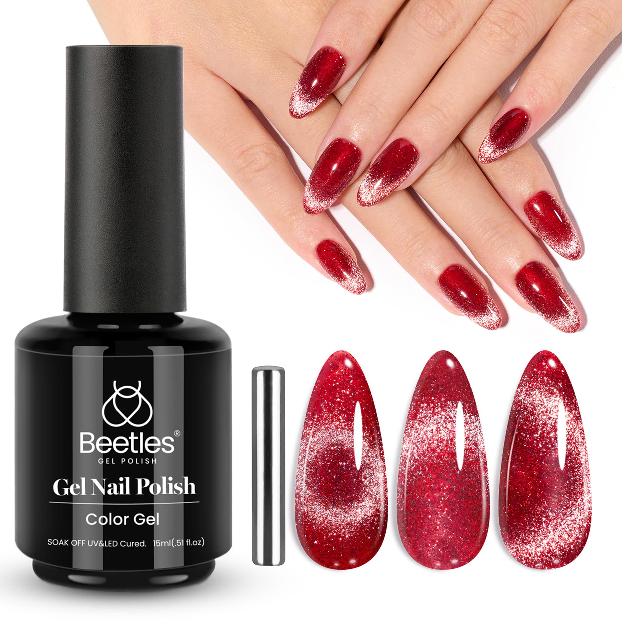 Beetles Red Cat Eye Gel Nail Polish, 15Ml Glitter Nail Polish With Magnet Gel Soak Off Uv Led Nail Lamp Reflective Nail Art Diy