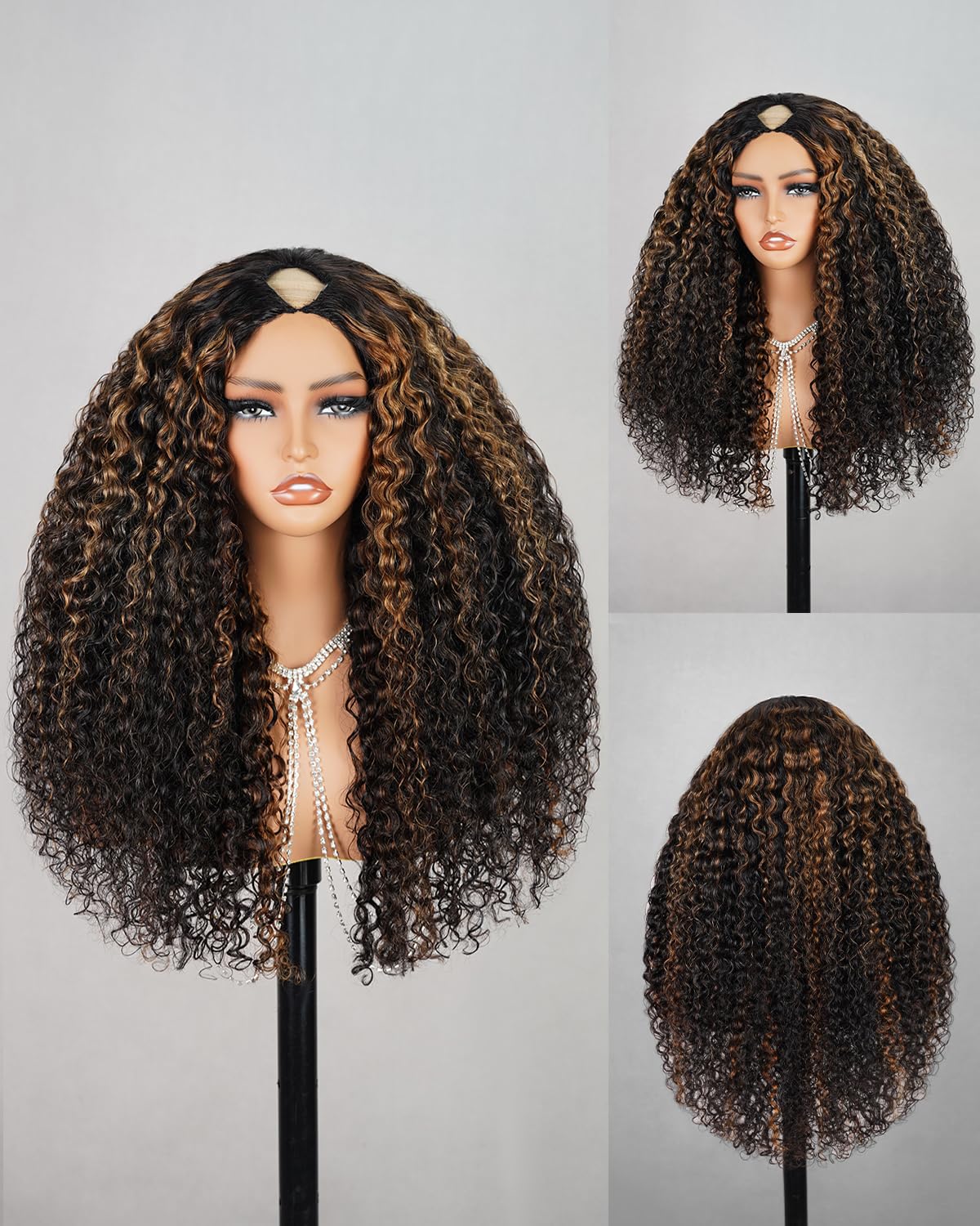 MEGALOOK V Part Wig Human Hair Highlight Wig 12A Deep Curly Wig Human Hair 180% Density Half Wigs for Women Glueless U Part Wig 