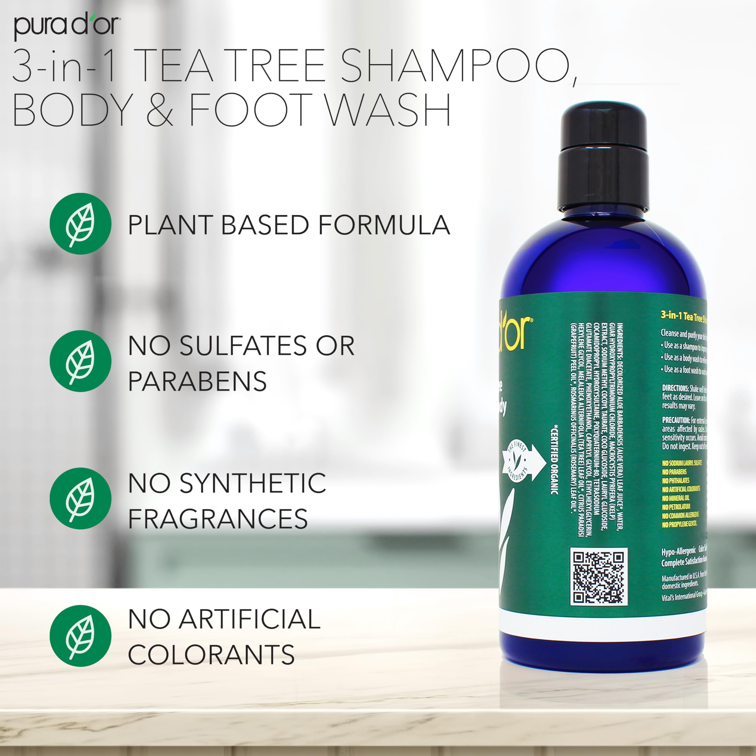 PURA D'OR 16 Oz 3-in-1 Tea Tree Shampoo, Body & Foot Wash, Shampoo - Total Body Care - Foot Odor & Daily Hygiene, Cleansing Rout
