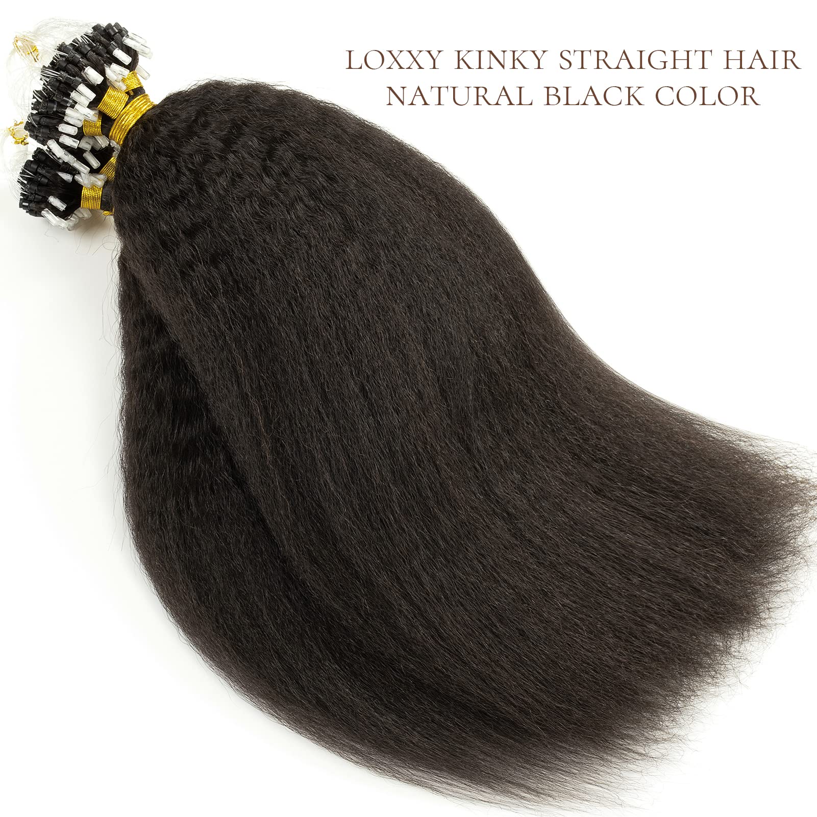 Microloop Hair Extensions Real Human Hair For Black Women 100 Strands 22Inch Natural Black #1B Kinky Straight Micro Links Hair E