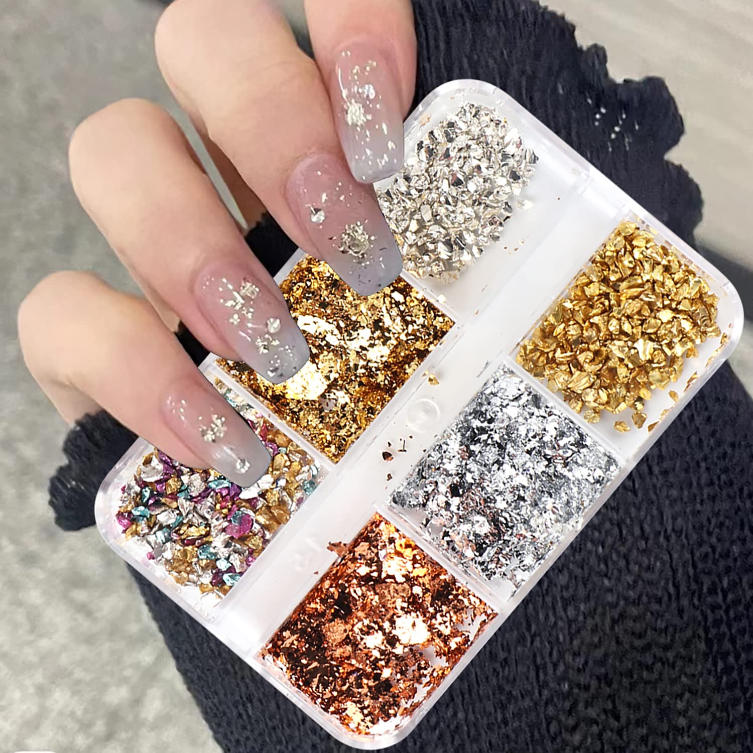 6 Colors Metallic Nail Art Foil Holographic Dazzling Irregular Nail Sequins Gold Silver Design Nail Glitter Shiny Nail Accessori