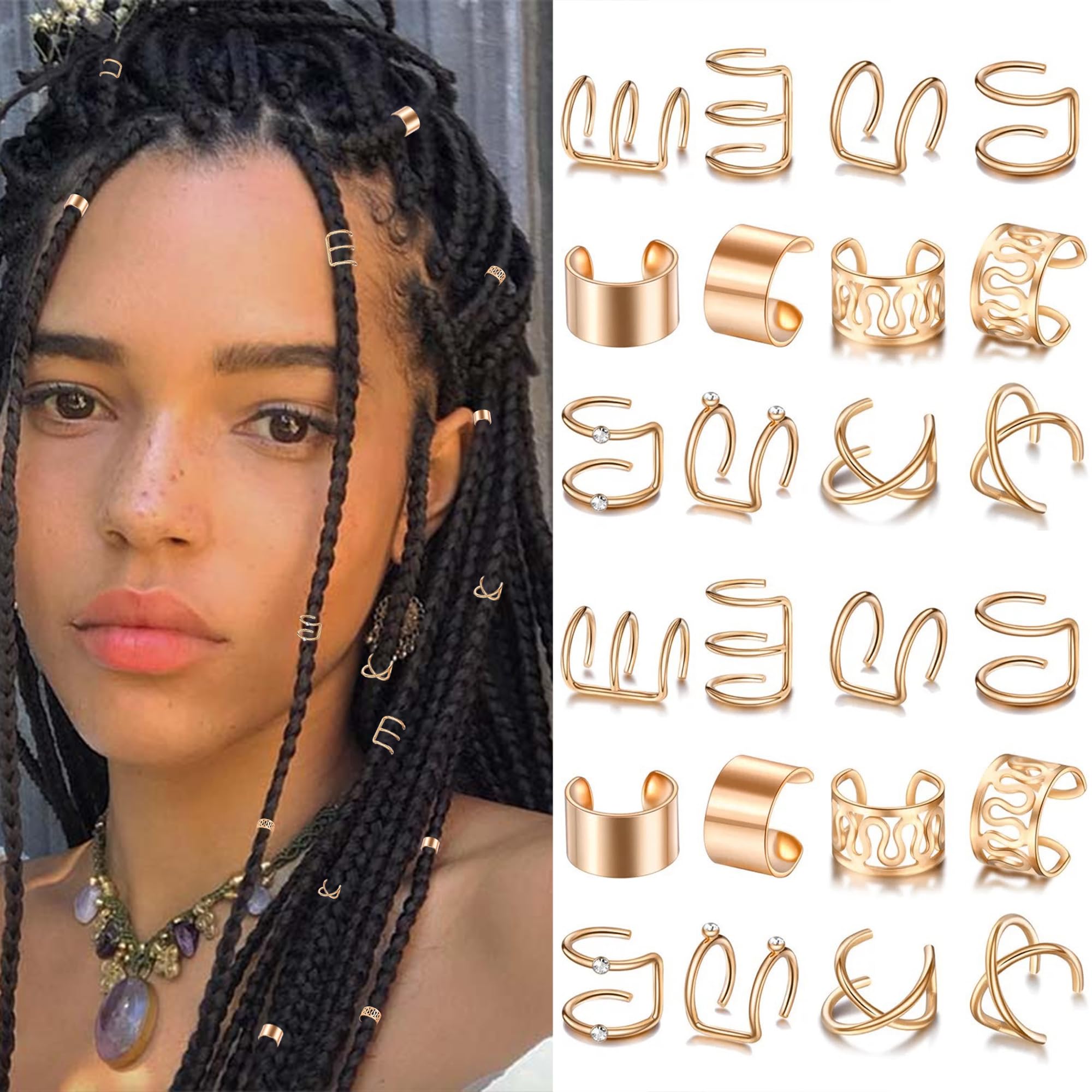 NAISKA 24PCS Gold Hair Jewelry for Braids with Crystal Rhinestone Loc Dreadlock Beads Accessories Earring Non-Piercing Ear Cuffs