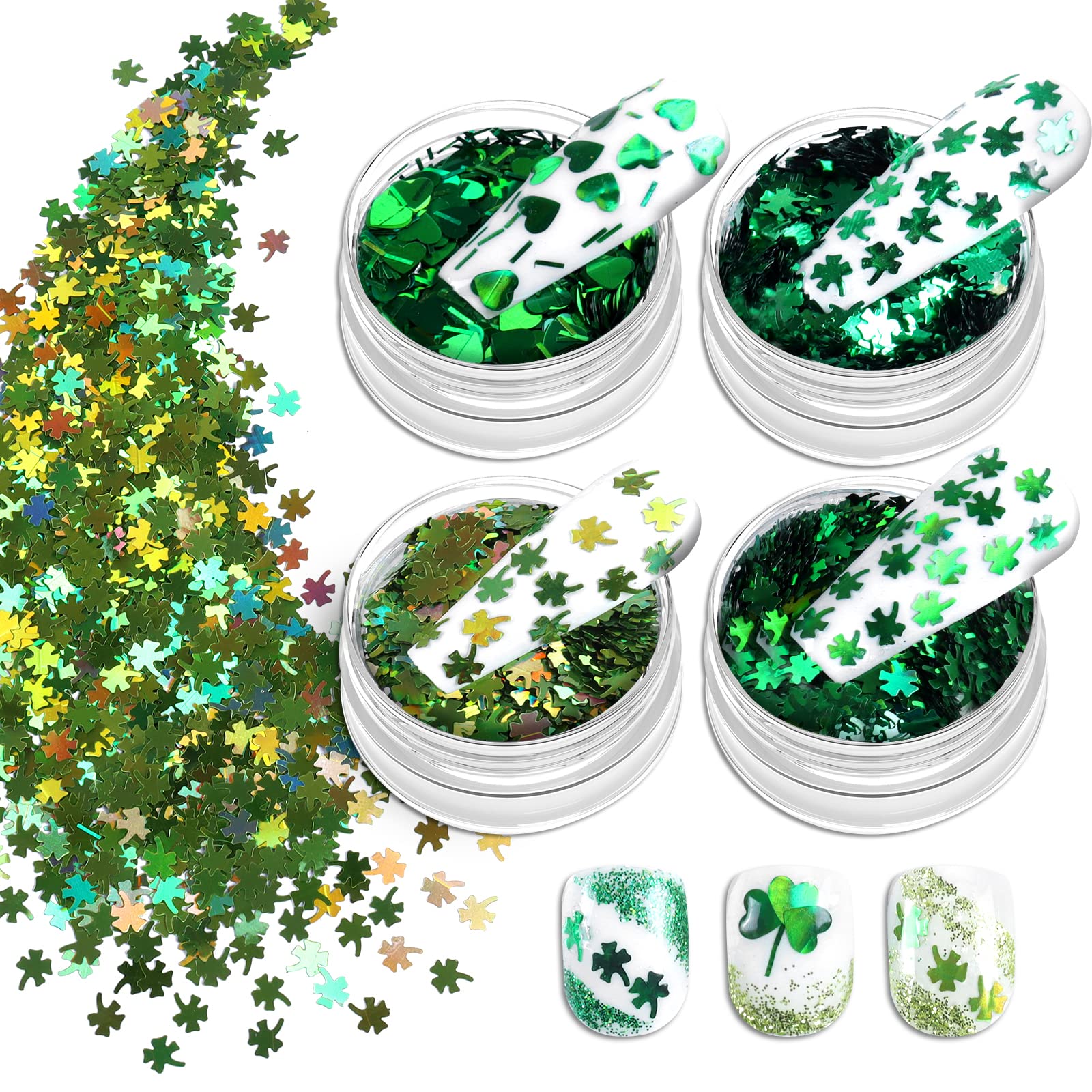 Allstarry Nail Glitter 4 Colors Holographic Shamrock Glitter Iridescent Clover Chunky Sequins Aurora Green Nail Flakes Sparkly P