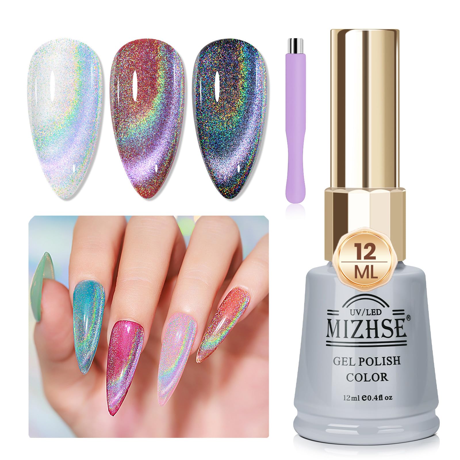 MIZHSE Cat Eye Gel Nail Polish Rainbow Cat Eye Holographic Glitter 9D Cateye Soak Off U V LED Gel Polish for Nail Salon Home DIY