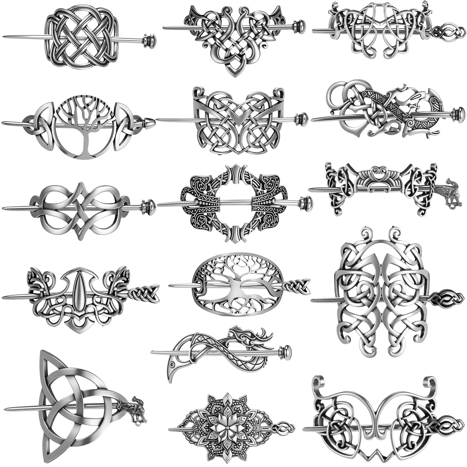 Syhood 16 Pcs Viking Celtic Hair Clips Vintage Knot Hair Stick Retro Silver Metal Celtic Barrette Hairpins Viking Jewelry Access