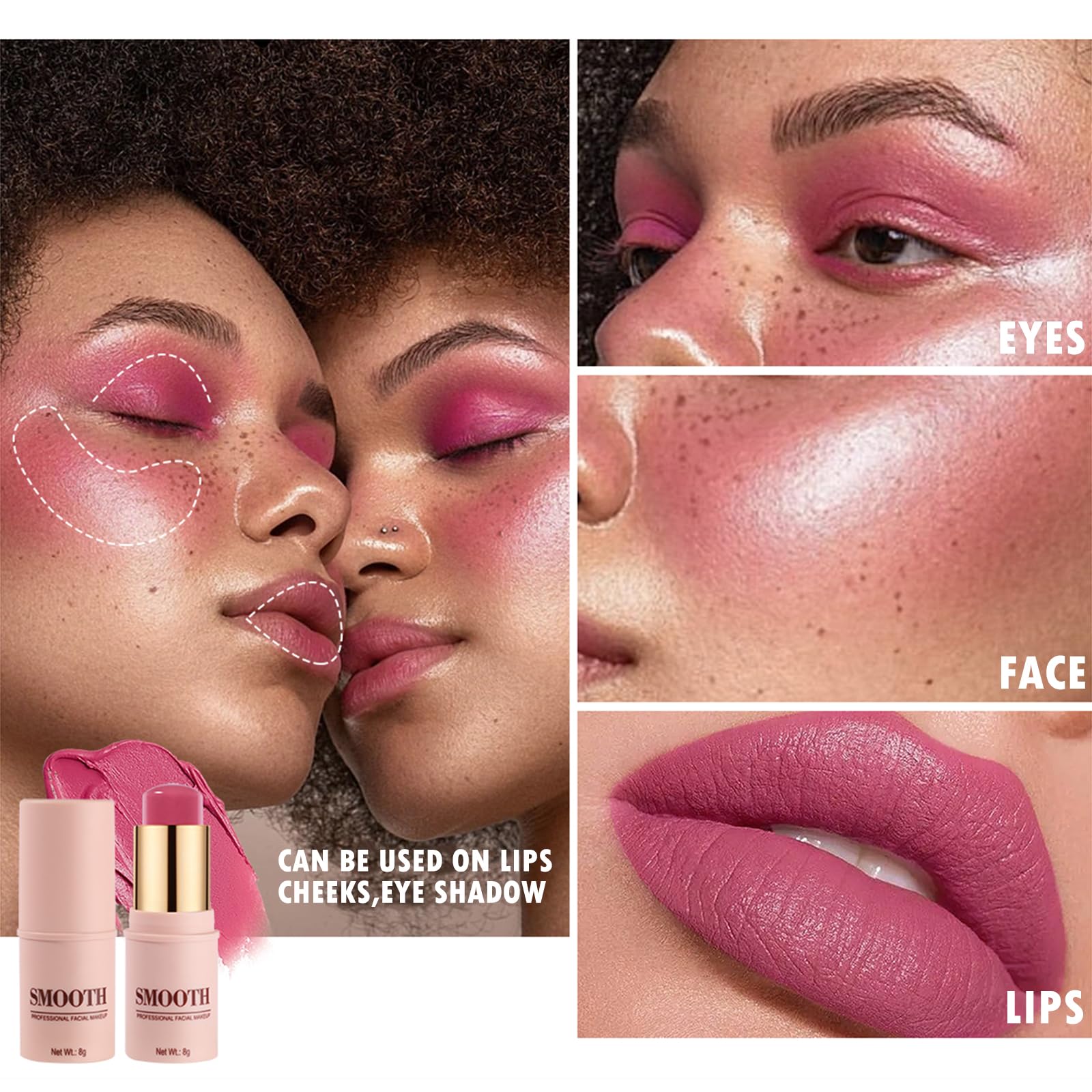 Multi-Use Blush Stick, Monochromatic Face Beauty Wand For Cheek, Eyeshadow And Lip, Longwear Waterproof Matte Finish Cream Blush