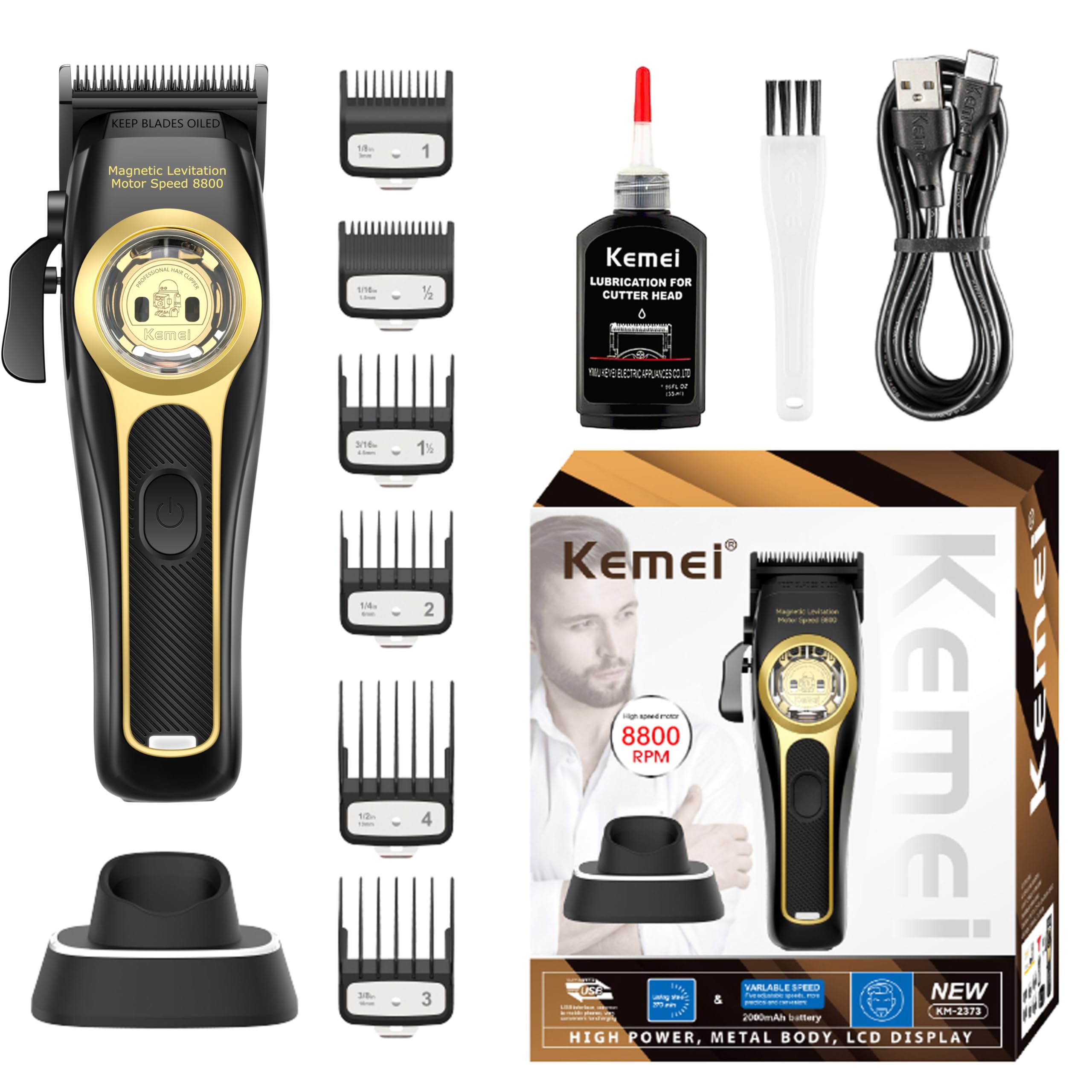 Kemei 2373 Professional Hair Clippers For Men, Cordless Barber Clipper With 8800 Rpm Magnetic Levitation Motor, Adjustable Hair