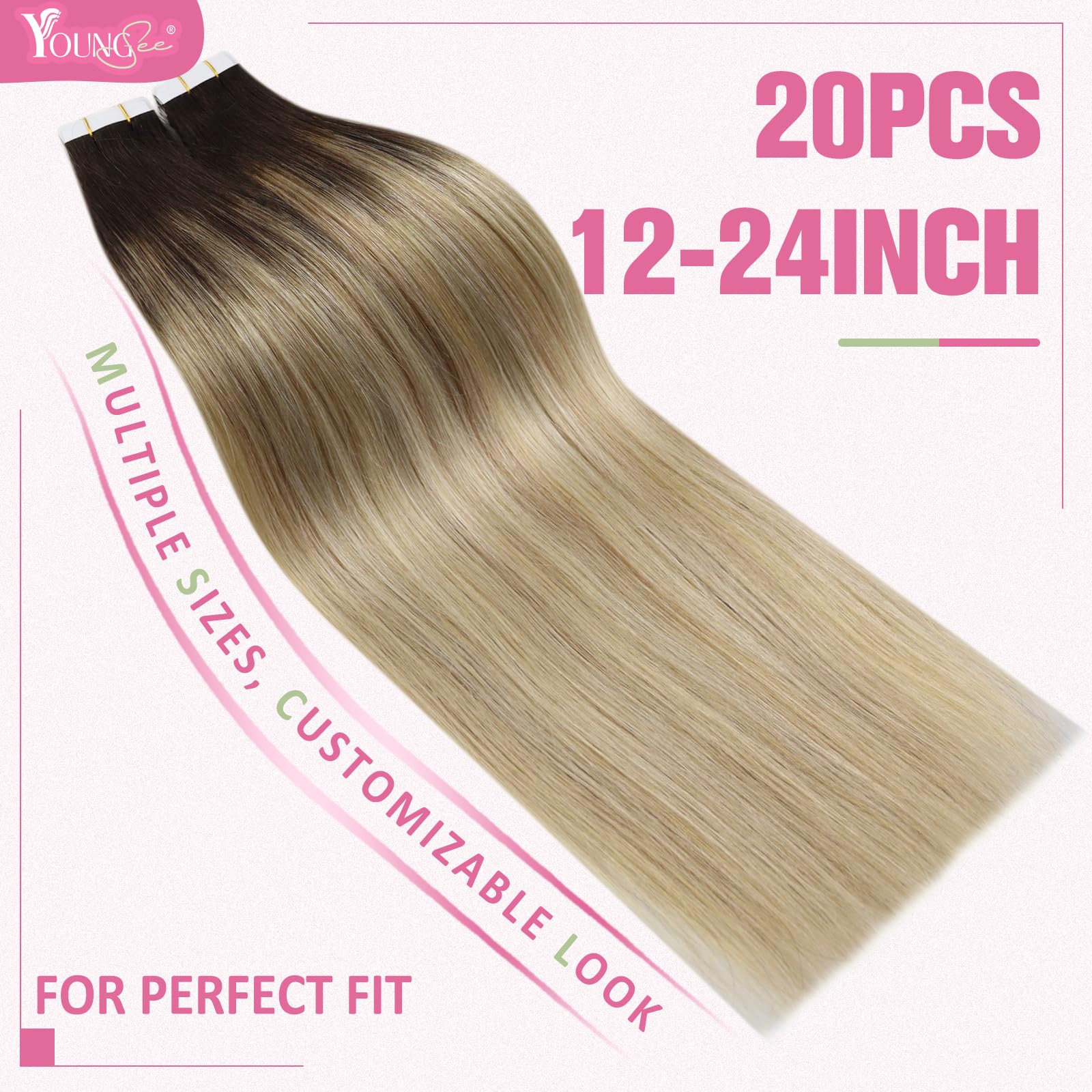 YoungSee Tape in Extensions Human Hair Ombre 14In Invisible Tape in Hair Extensions Human Hair Dark Brown Ombre Blonde with Brow