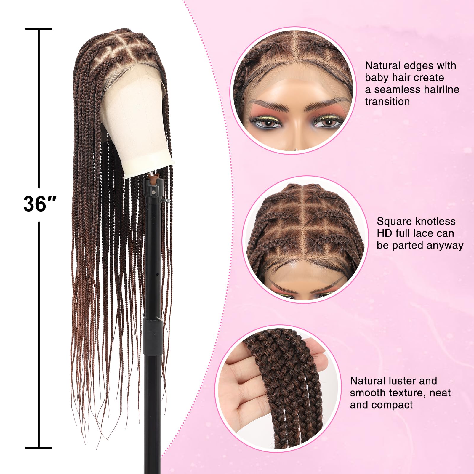 Kalyss 360 Full Lace Front Braided Wig With Baby Hair Box Braided Wigs Square Knotless Braided Wig Brown 36'' Hd Full Lace Braid
