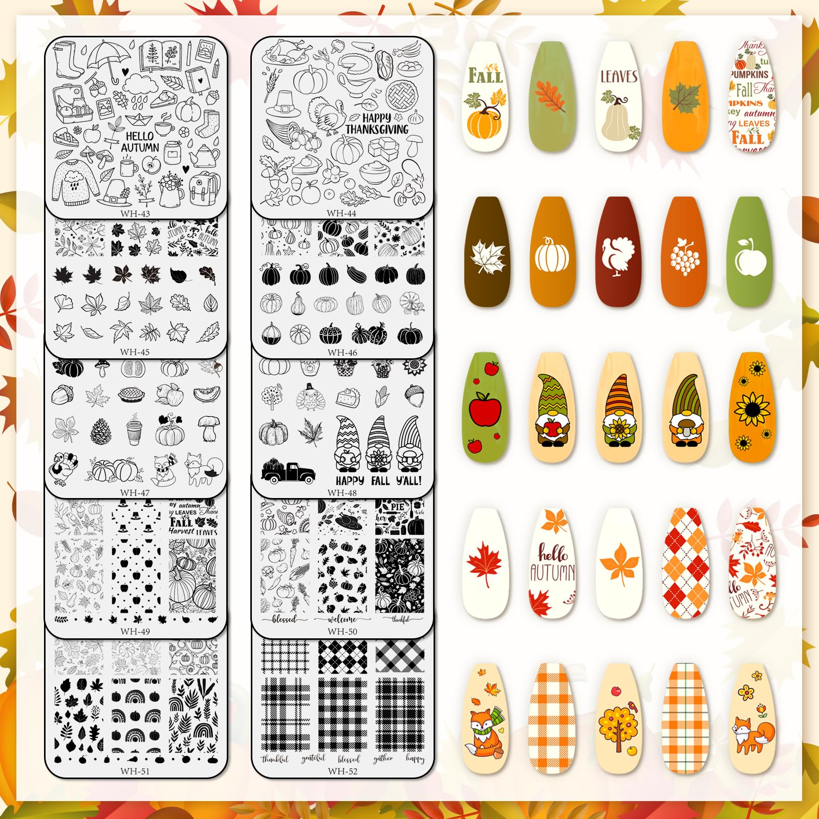 Whaline 10 Sheet Fall Nail Art Stamping Plates Kit Happy Thanksgiving Pumpkins Maple Leaf Gnome Plaid Autumn Blessings Collectio
