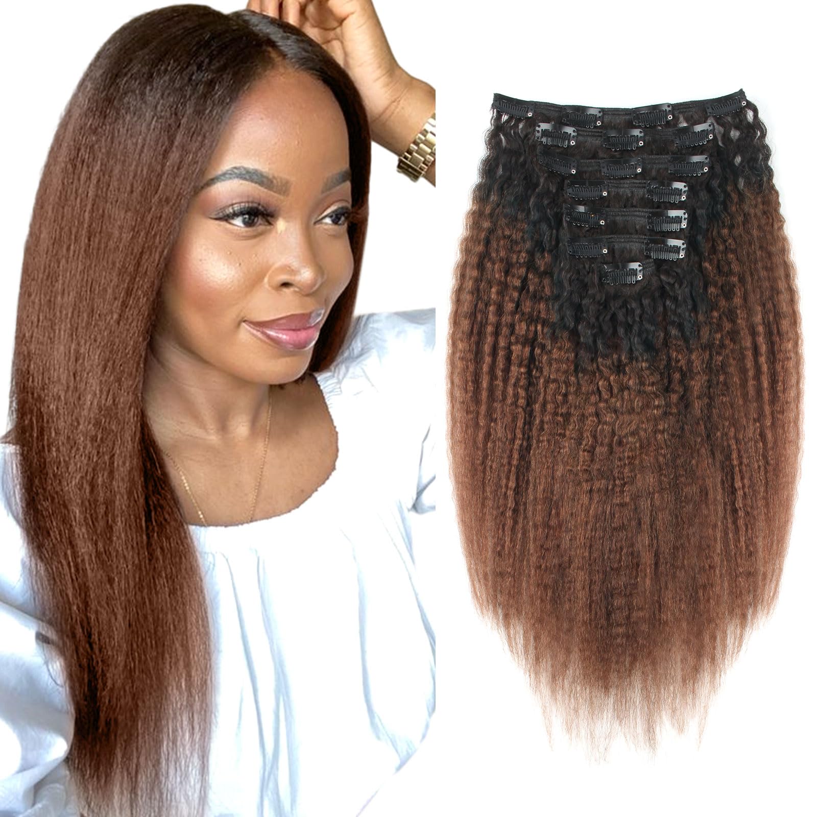 Sassina 12 Inch Two Tone Kinki Straight Clip Ins Invisible Remy Human Hair Clip On Extensions For Black Women,Natural Black Fadi
