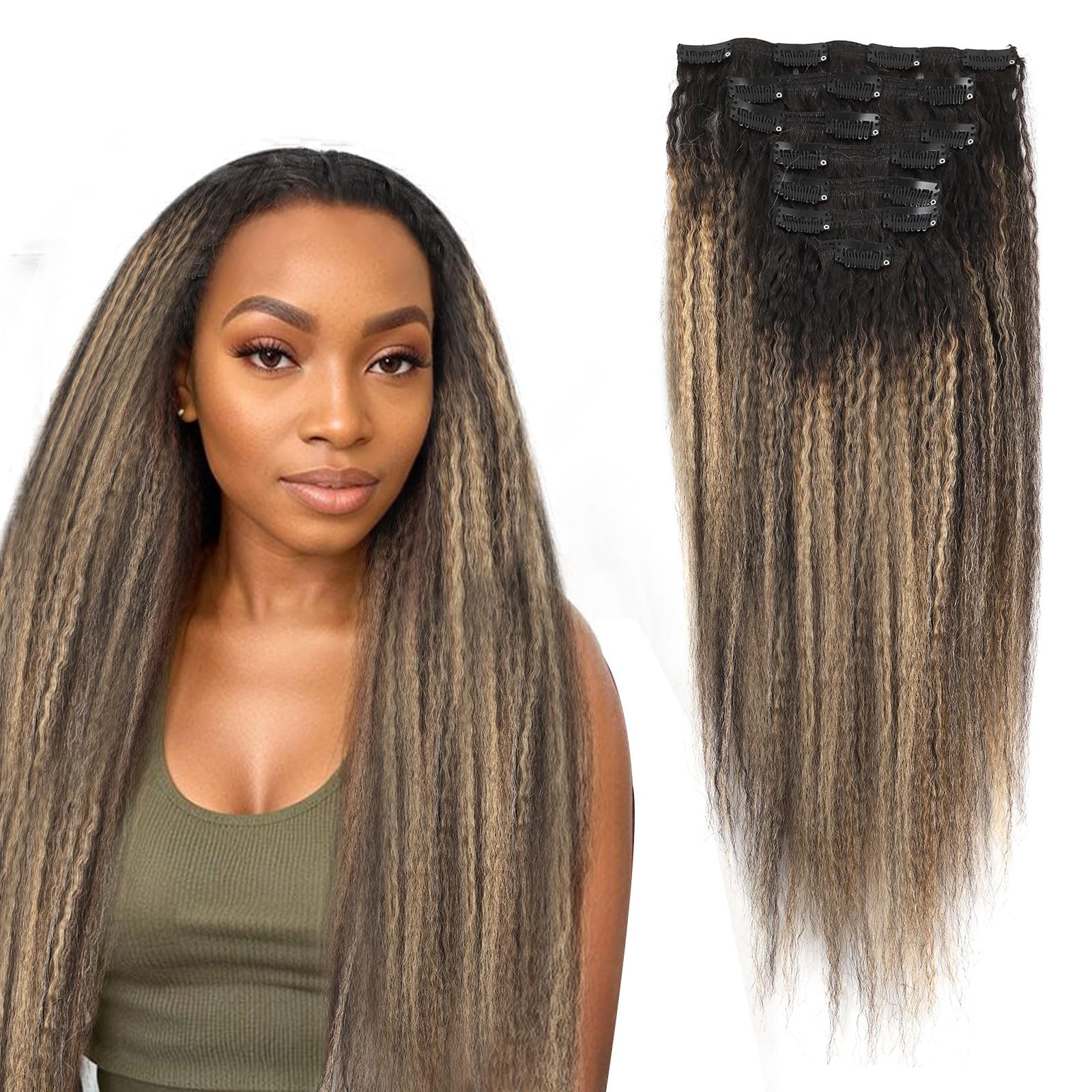 ABH AMAZINGBEAUTY HAIR Kinky Straight Clip ins Human Hair Rooted Black Piano Natural Black #1B Mixed With Caramel Blonde #27 Kin