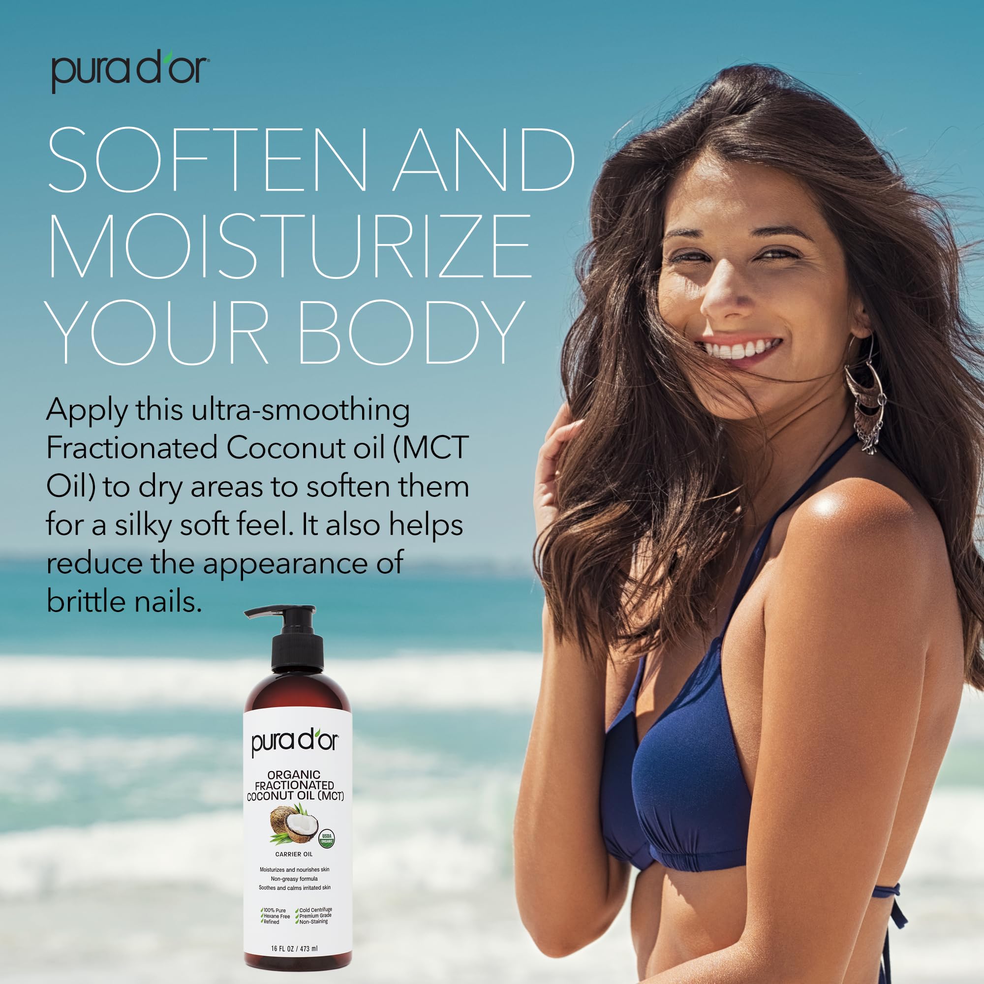 PURA D'OR 16 Oz ORGANIC Fractionated Coconut Oil - MCT Oil - 100% Pure & Natural USDA Certified Cold Pressed Carrier Oil - Unsce