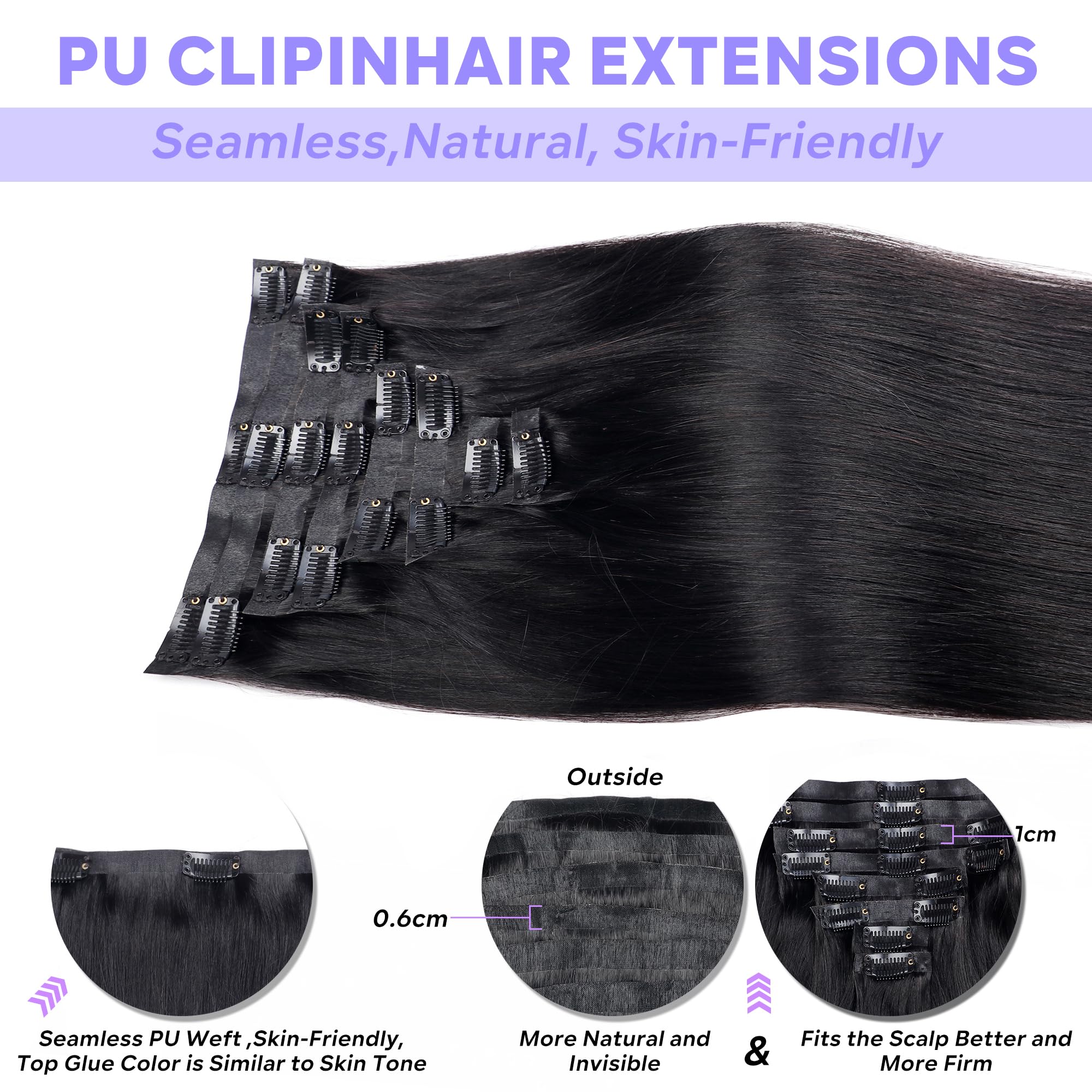 Pobokix Seamless Clip in Hair Extensions Real Human Hair Straight Brazilian Virgin Human Hair Clip in Extensions for Women 8Pcs
