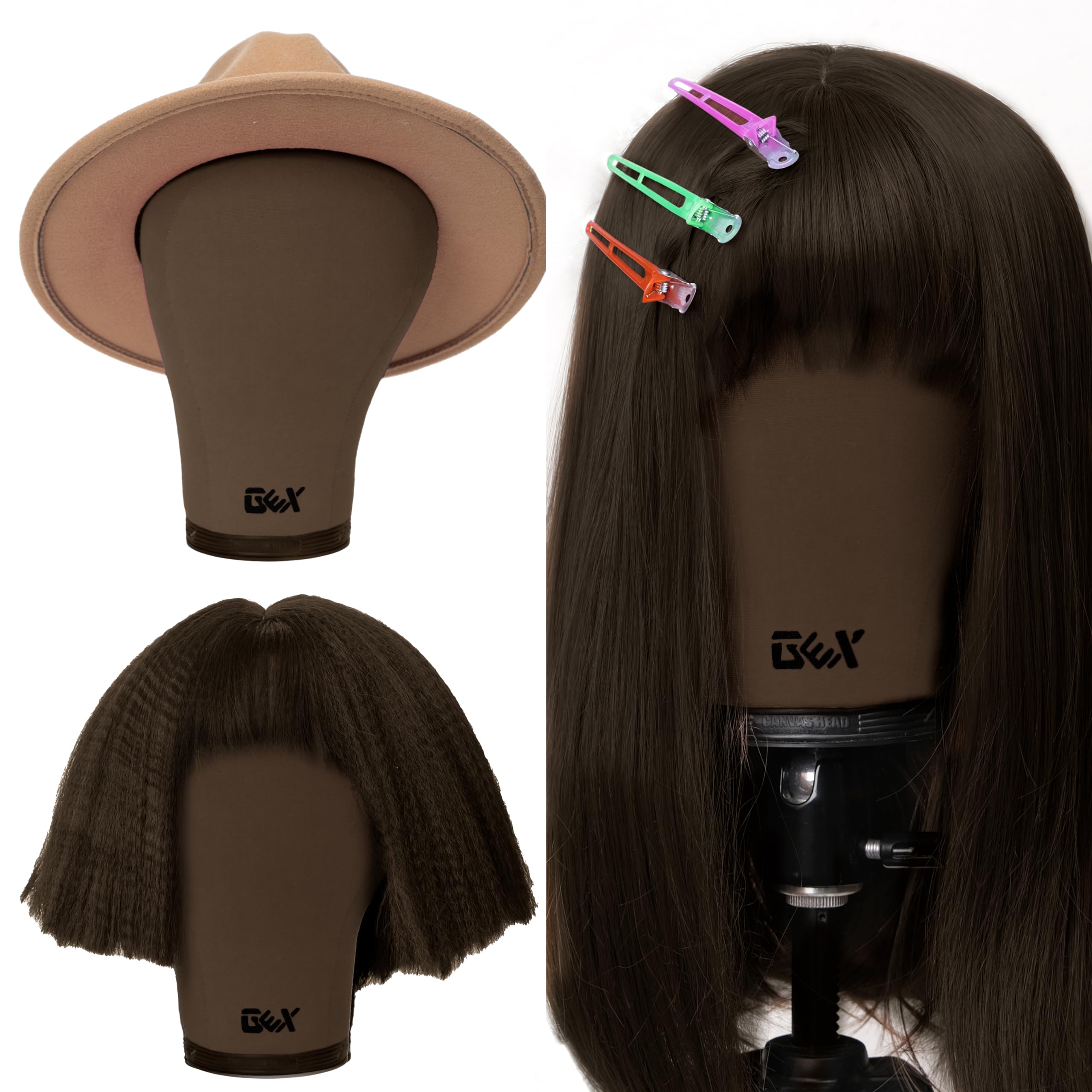 Gex 20''-24'' Canvas Cork Wig Block Mannequin Head For Wig Making Drying Styling Display With Table C Clamp Stand Holder Dark Br