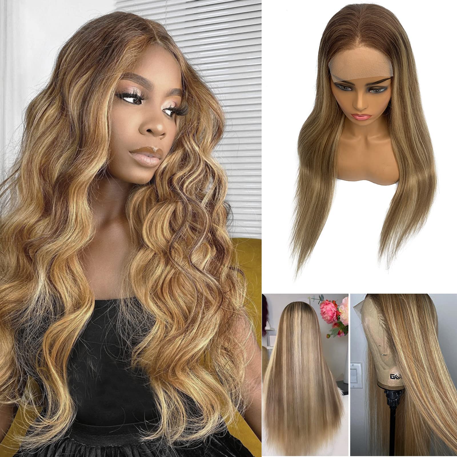 Brown Highlights 13x4 Lace Front Wig Human Hair,Brown with Blonde Highlights Mixed Colored Skily Straight Ombre Lace Front Human