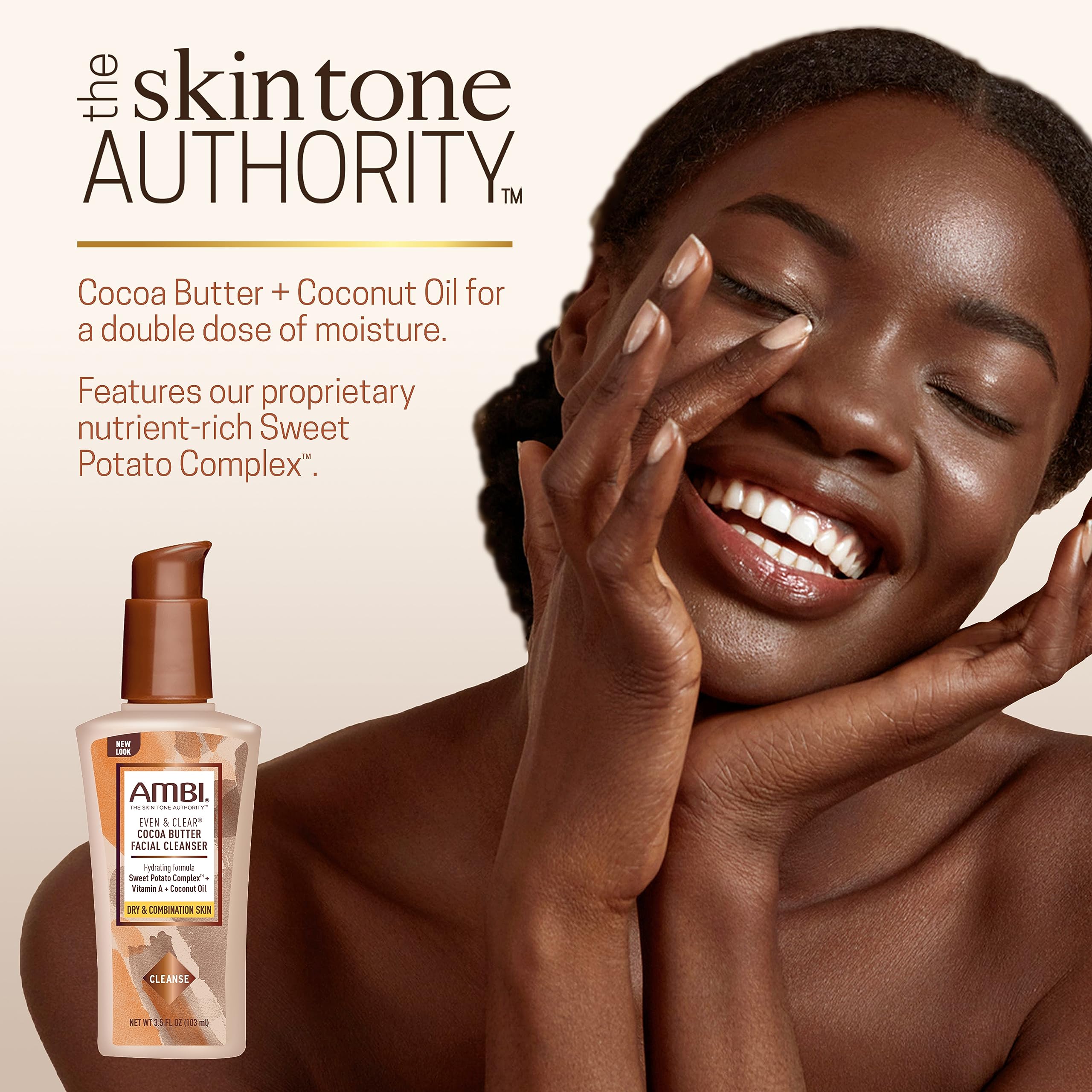 Ambi Even & Clear Cocoa Butter Facial Cleanser With Nutrient-Rich Sweet Potato Complex | Hydrating Formula | Helps Even Skin Ton