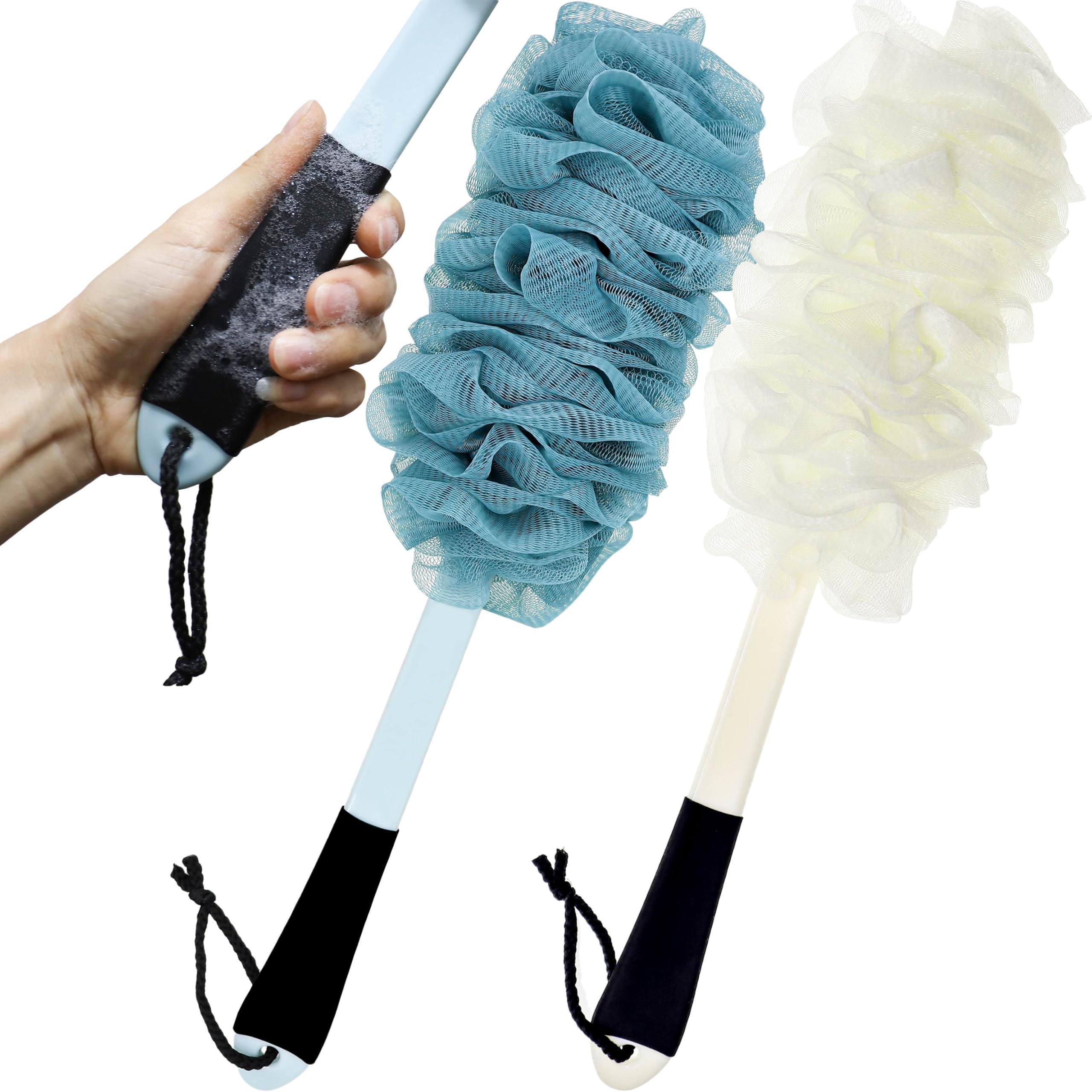 Jxicleang 2 Pack Back Scrubber For Shower, Back Loofah With Non-Slip Handle, Shower Loofah With Handle, Soft Nylon Mesh Sponge O