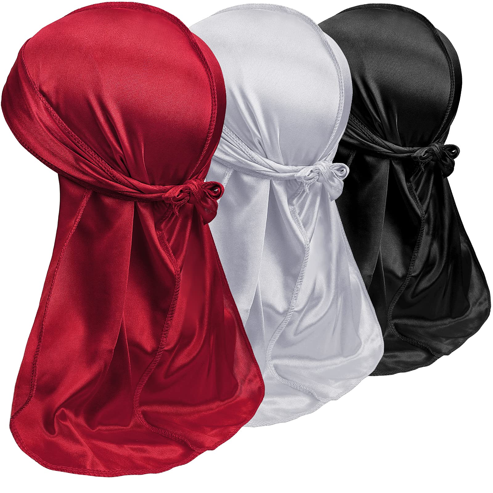 3PCS Silky Durag Pack for Men Waves, Satin Doo Rag for 360 540 720 Waves (Red+White+Black)