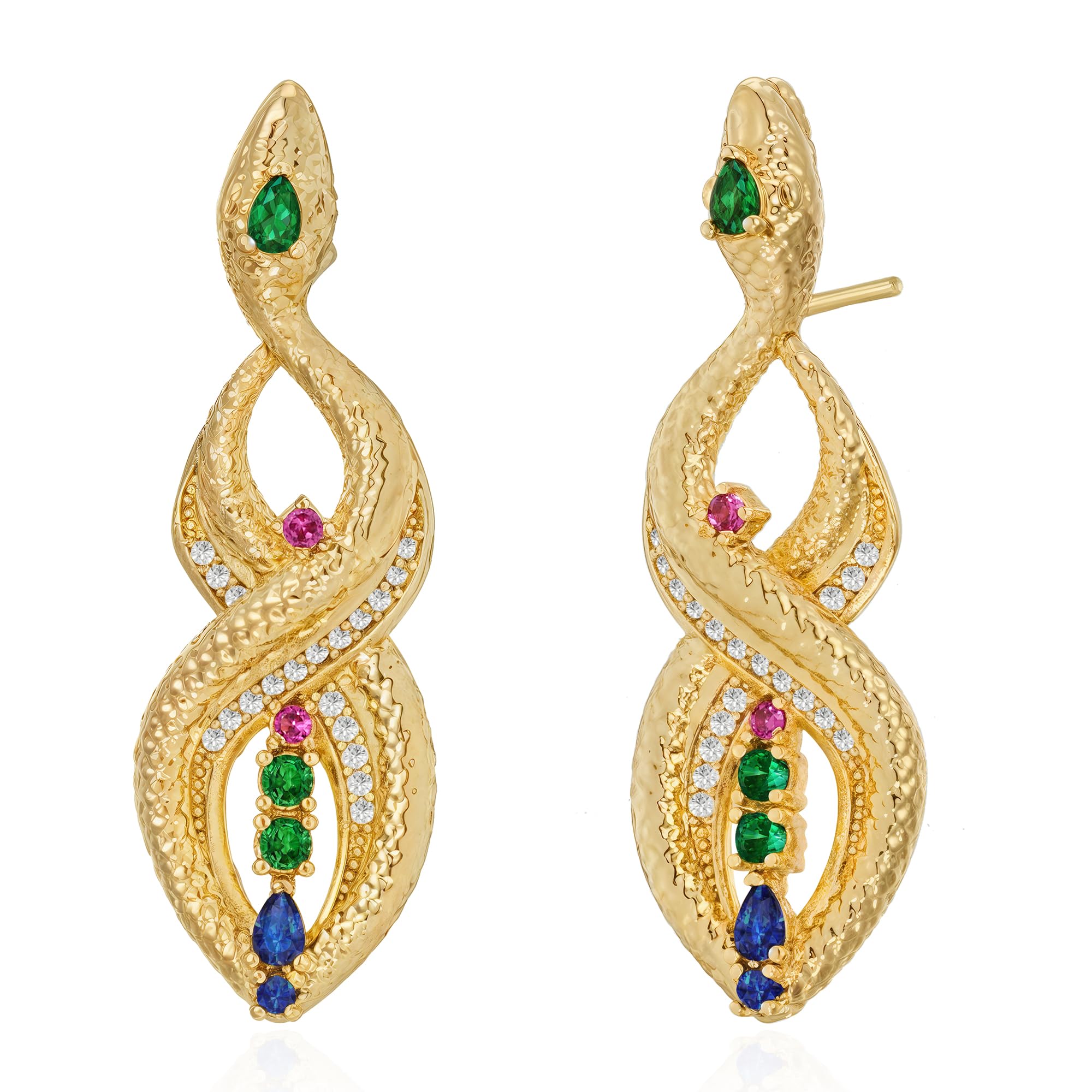 OSIANA Snake Dangle Earrings for Women, 14K Gold Plated Serpent Drop Design with Multicolor Cubic Zirconia Handmade Jewelry Bold