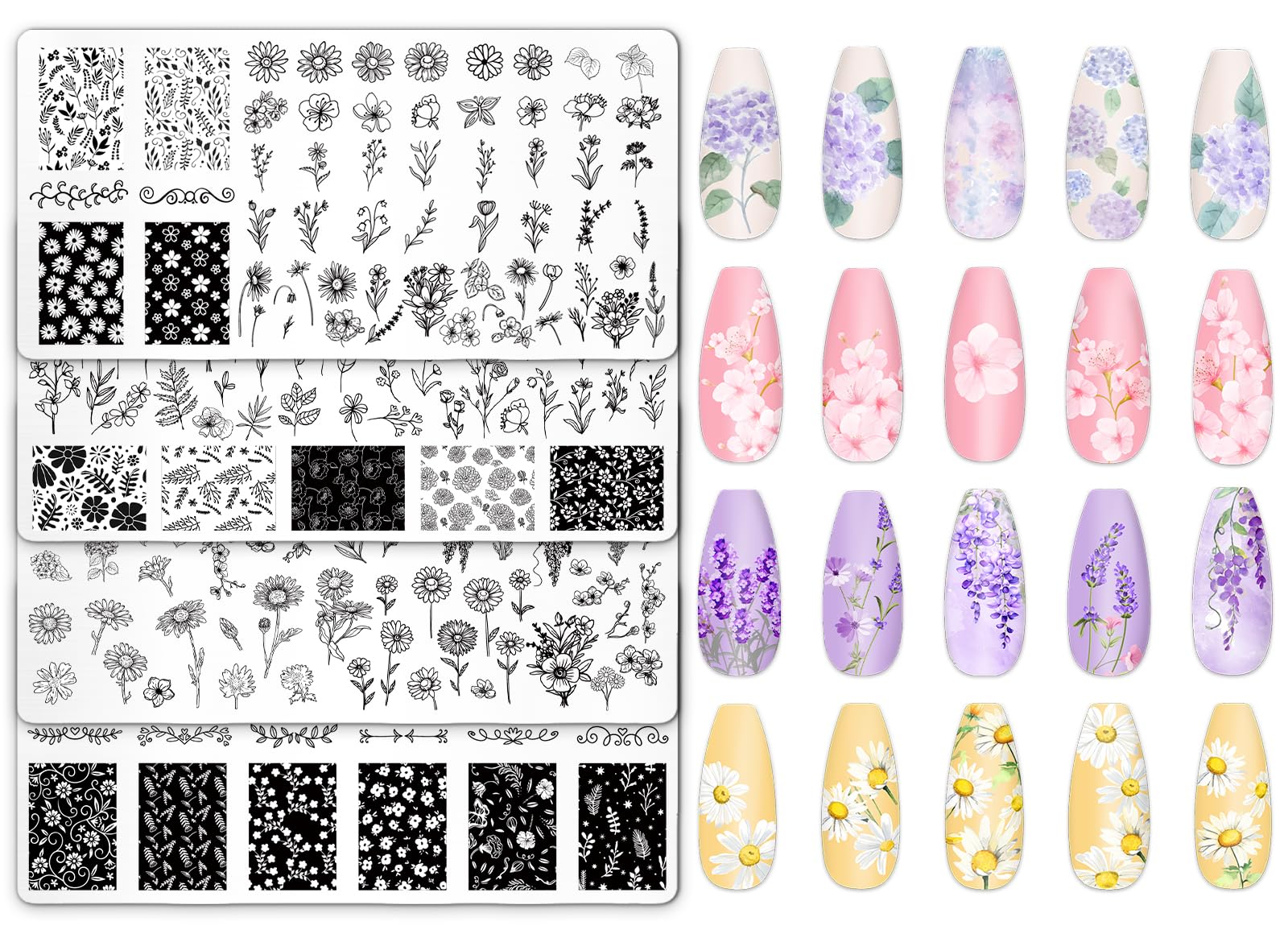 JarThenaAMCS 4Pcs Floral Nail Plates Stamping Set Spring Summer Flower Stamp Templates Nail Art Plates for DIY Print Manicure Sa
