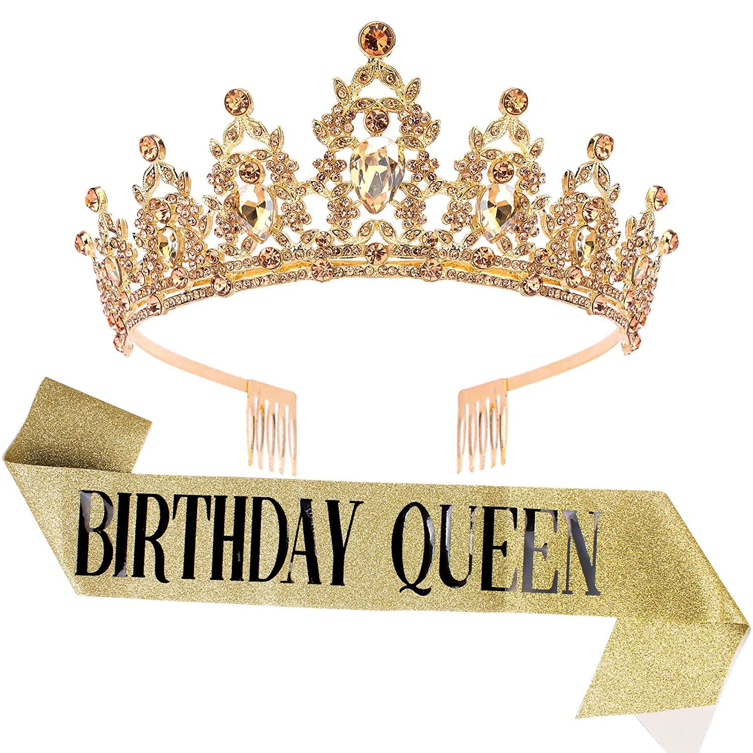 'BIRTHDAY QUEEN'' Sash and Tiara for Women Crystal Tiara and Satin Kit for Girl Rhinestones Crown with Comb Glitter Hair Access