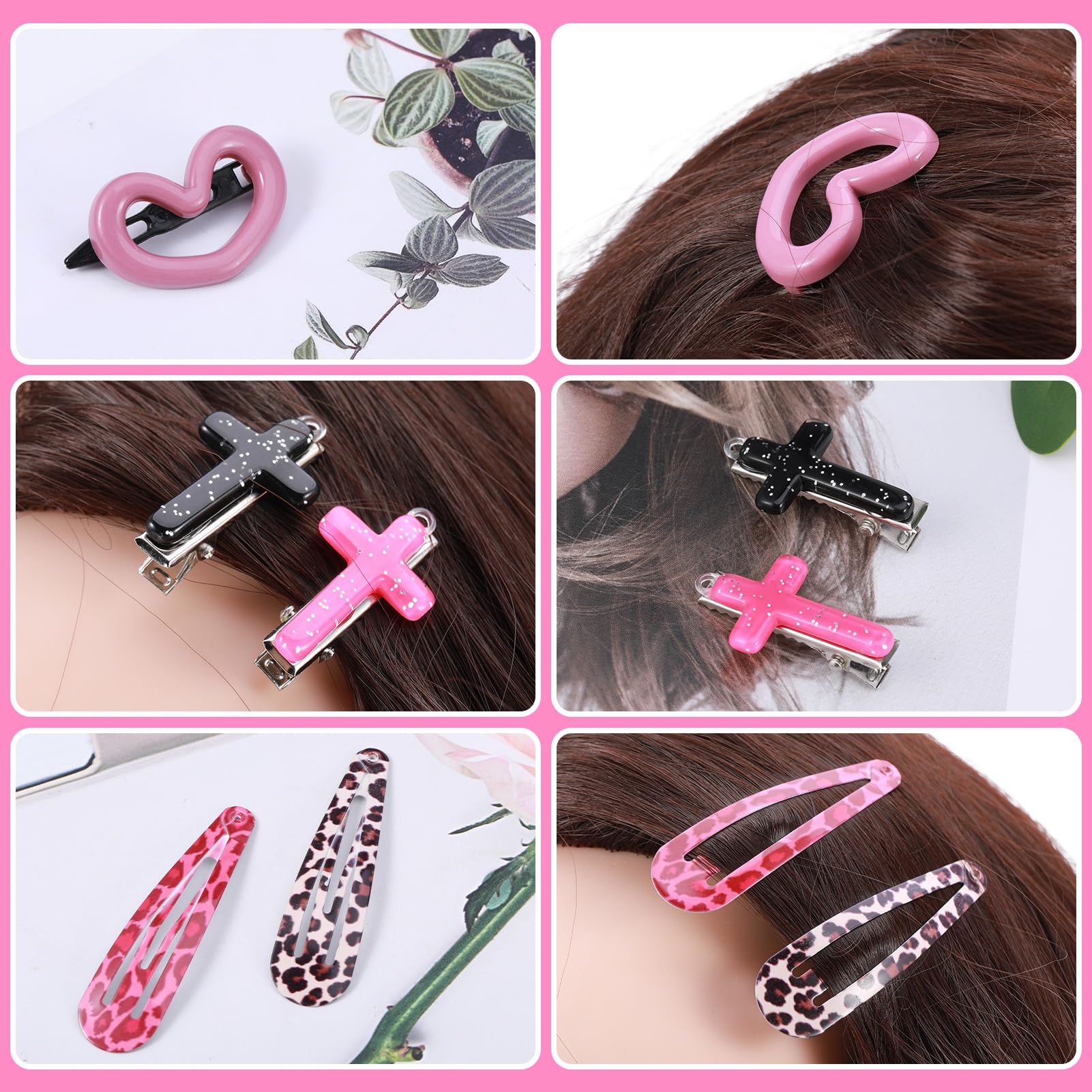 Friusate 22 Pcs Y2K Pink Hair Clips Set Kawaii Hair, Love Star Cross Hair Clip Diy Handmade Accessories Guitar Pendant, Star Cla