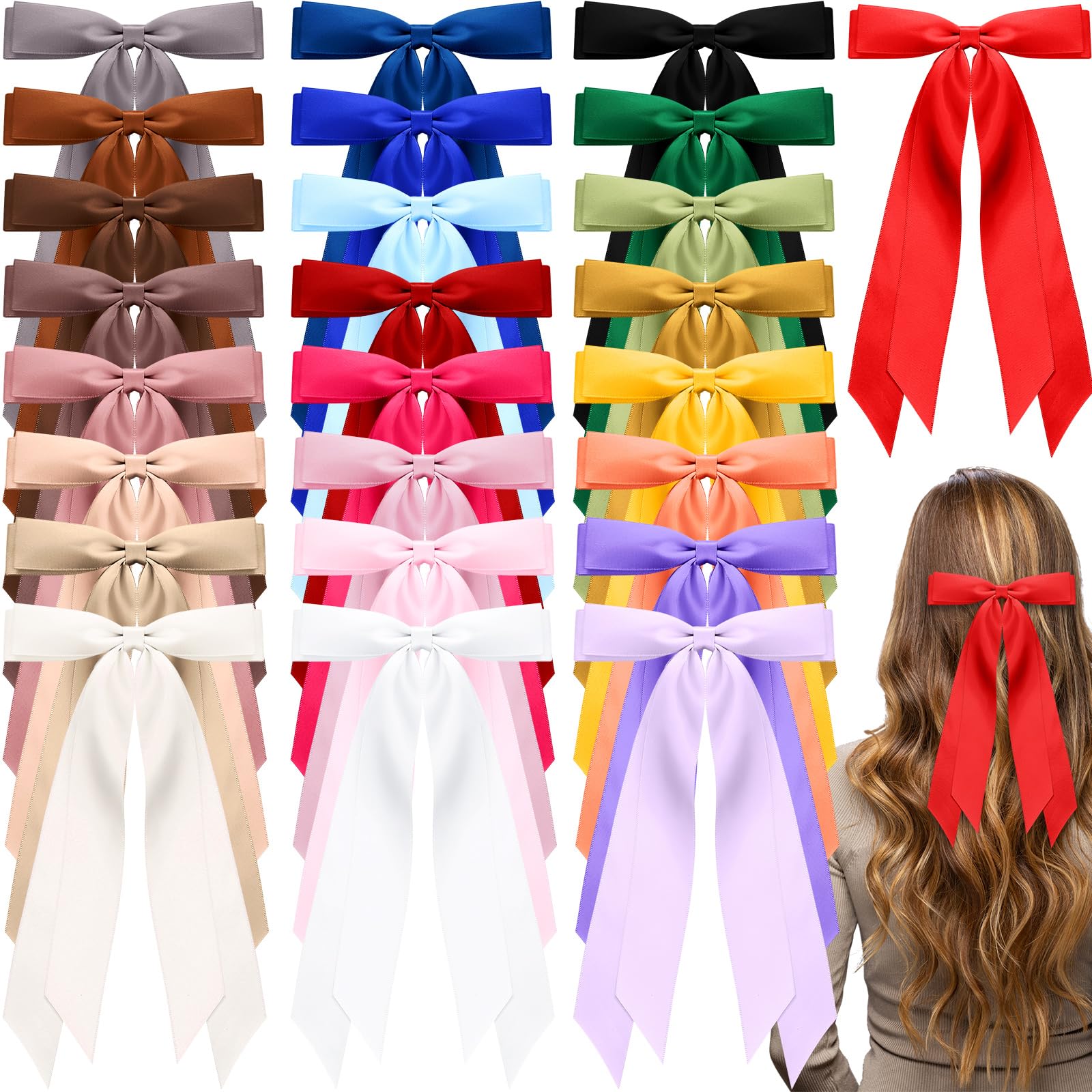 Mimorou 25 Pcs Silky Satin Hair Bows Bulk Hair Clips Bow Knot Hair Ribbon Hair Bow with Long Tails Hair Barrettes Hair Pins Pony