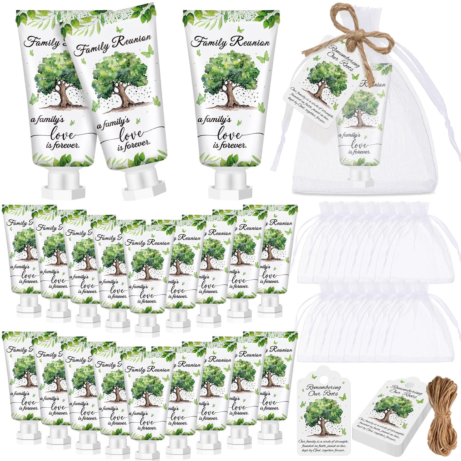 Dansib 20 Sets Family Reunion Favors Hand Lotion Cream Gifts Bulk Family Reunion Game Decorations with Card Organza Bags for Tab