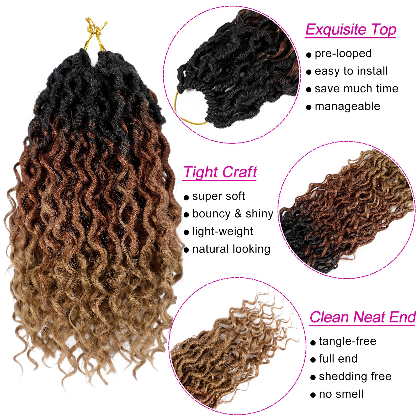 Goddess Locs Crochet Hair 12 Inch 7 Packs Ombre Brown Boho Faux Locs Crochet Hair for Black Women Pre Looped Crochet Locs with C