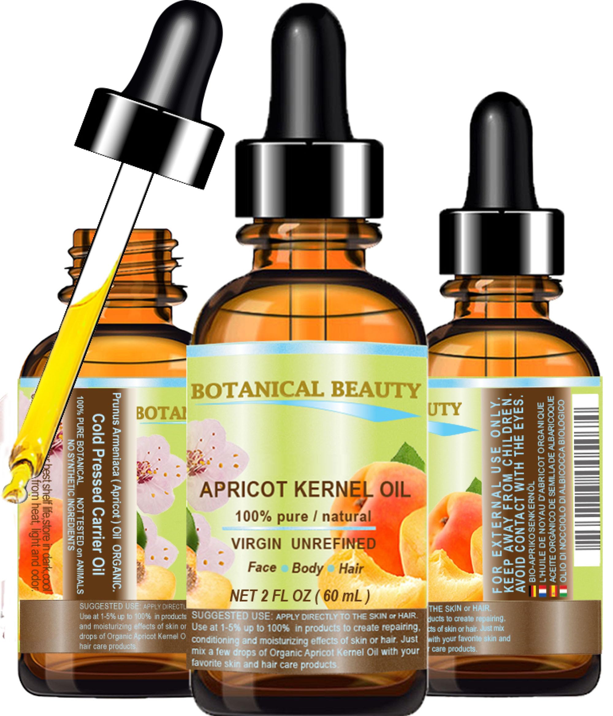Botanical Beauty APRICOT KERNEL OIL Australian 100% Pure Virgin Unrefined Cold Pressed Carrier Oil 2 oz- 60 ml for Face Hair Bod