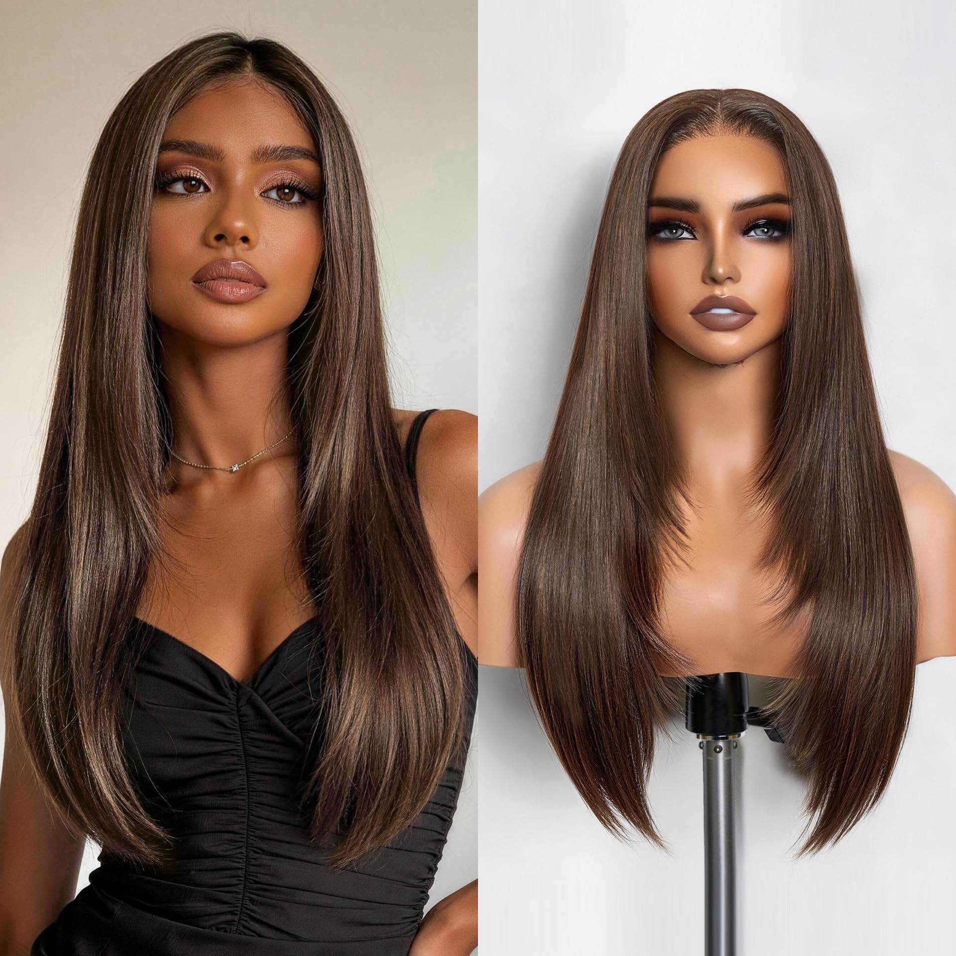 GORGIUS Dark Brown Wear and Go Glueless Straight Lace Front Wigs Pre Cut Layered Wig Middle Part Fiber Blend Human Hair Frontal 