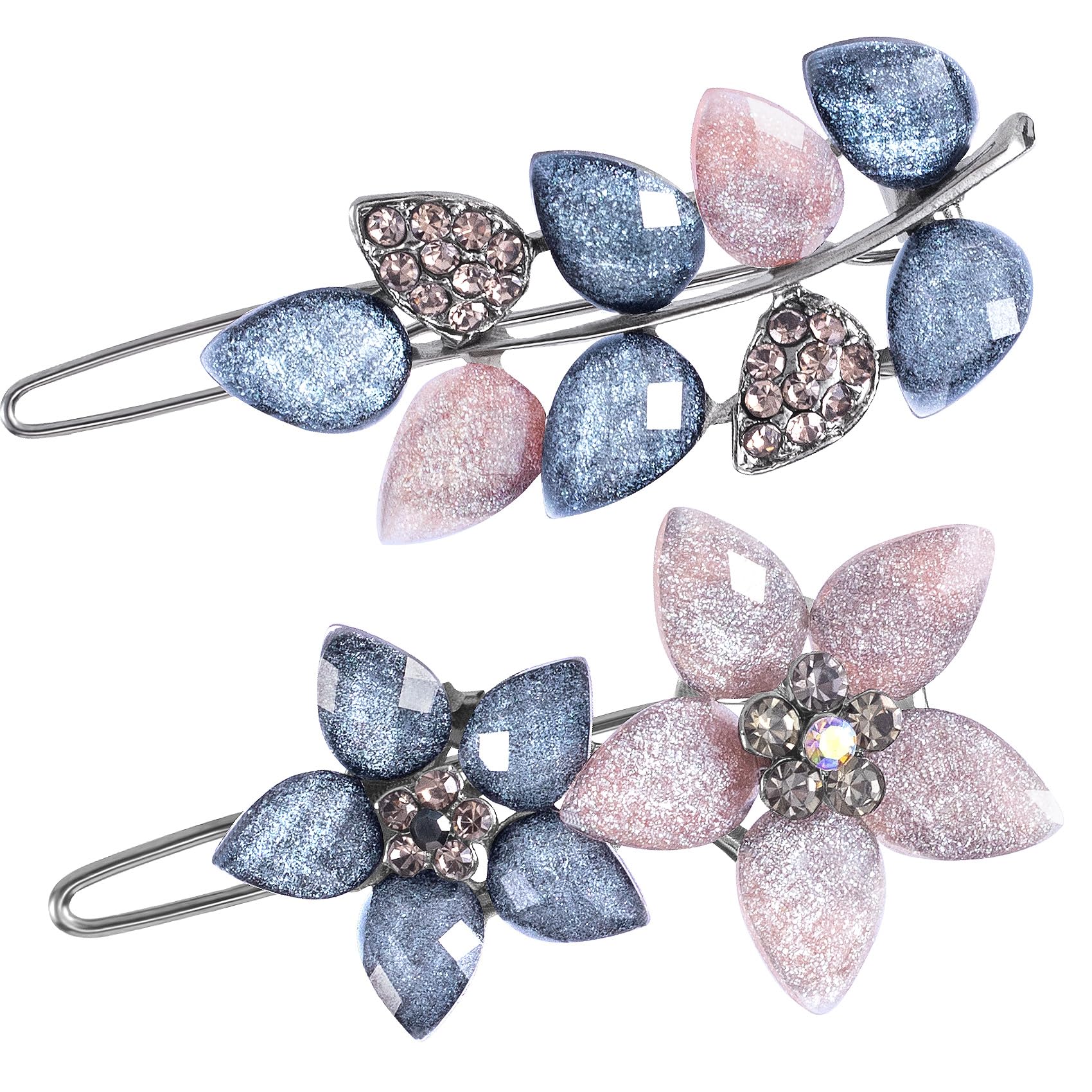 HINZIC 2Pcs 2inch Vintage Rhinestone Hair Barrettes Pink Gray Small Flower Clips Sparkly Crystal Hair Pins Wedding Prom Engageme