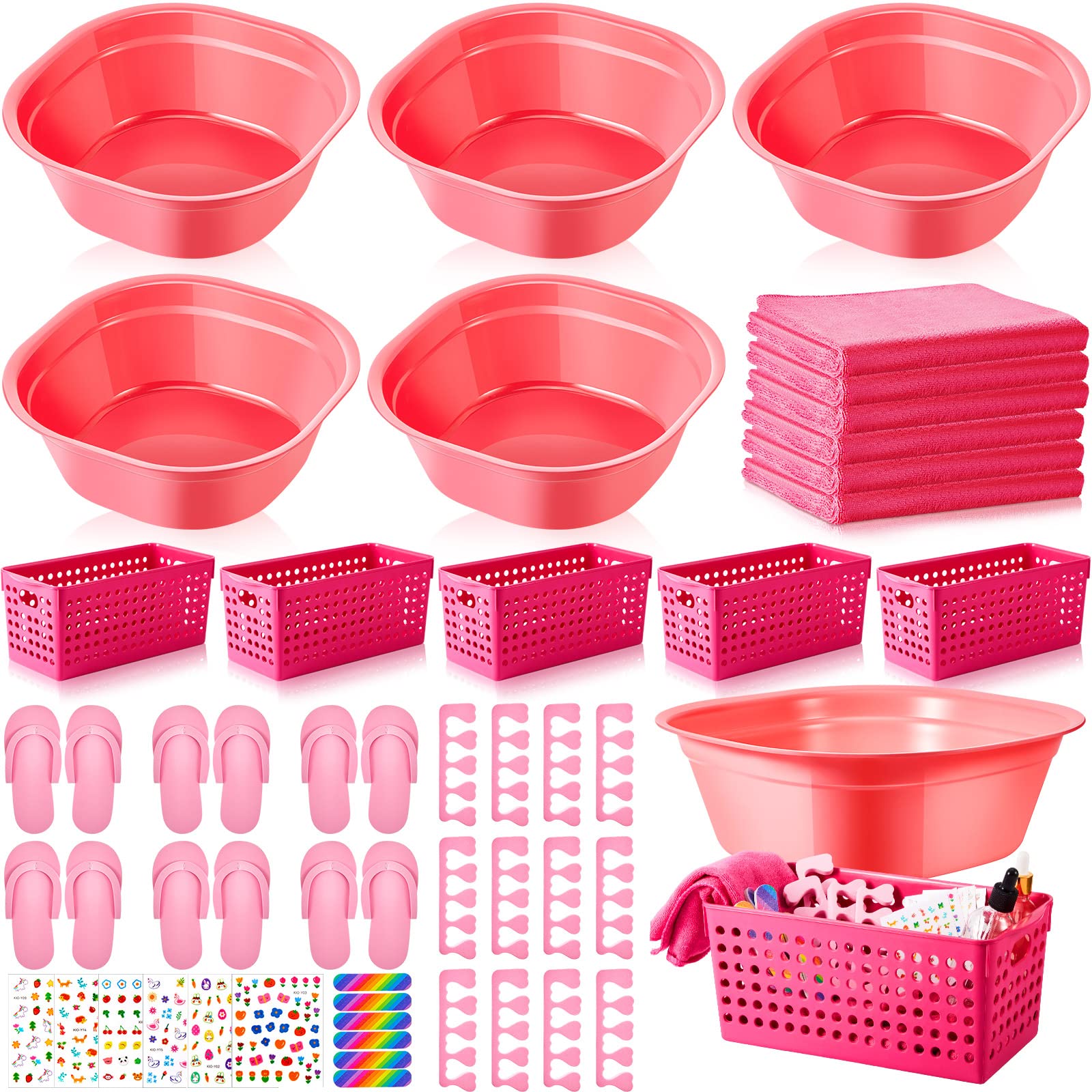 Mumufy 6 Sets Kids Foot Spa Kit For Girl Spa Party With Pink Washbasin Salon Towels Nail Kit For Diy Manicure And Pedicure Set W