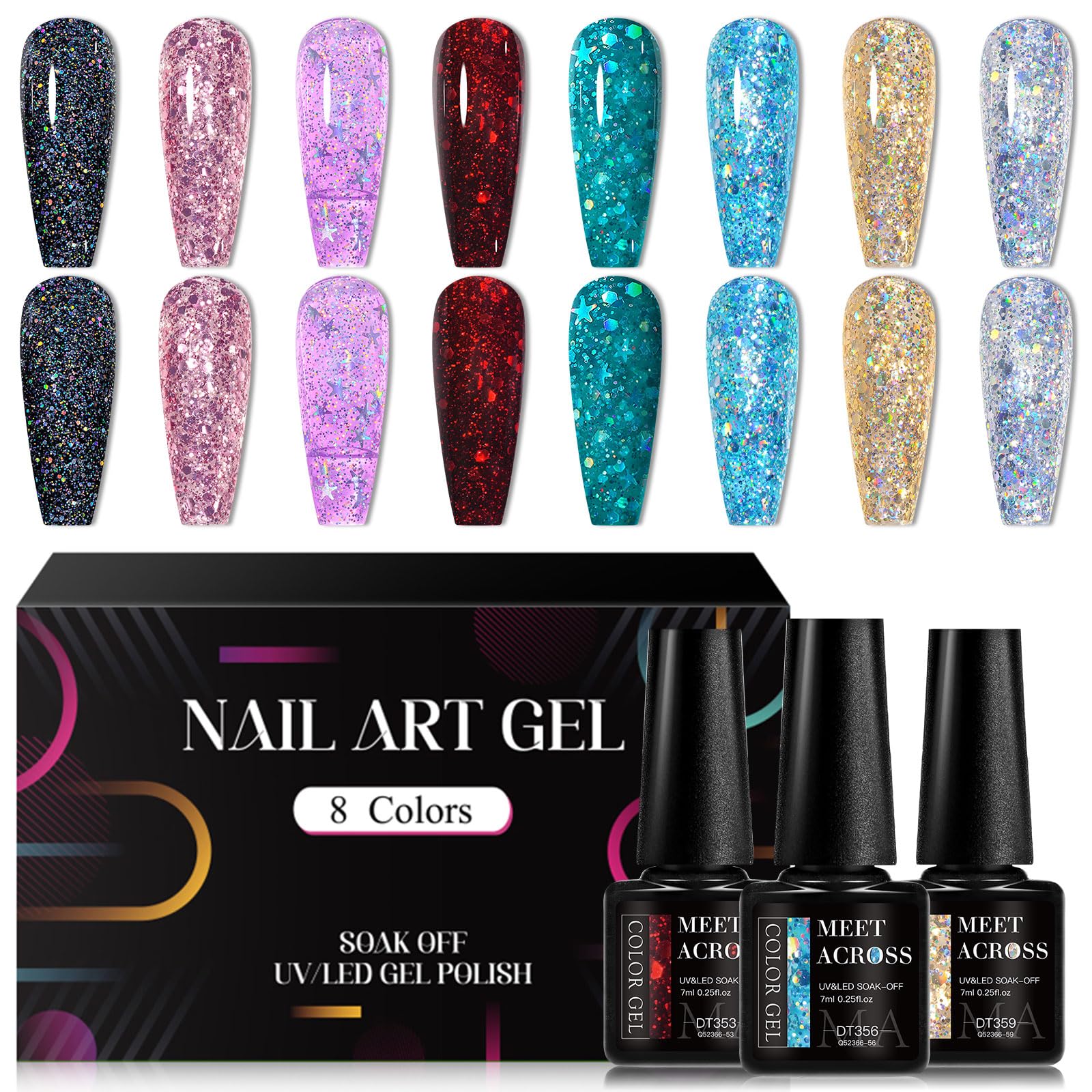 MEET ACROSS Gel Nail Polish Set, 8PCS Glitter Gel Nail Polish Kit, Soak Off UV/LED Nail Polish Nail Art Design Salon Home Gifts 