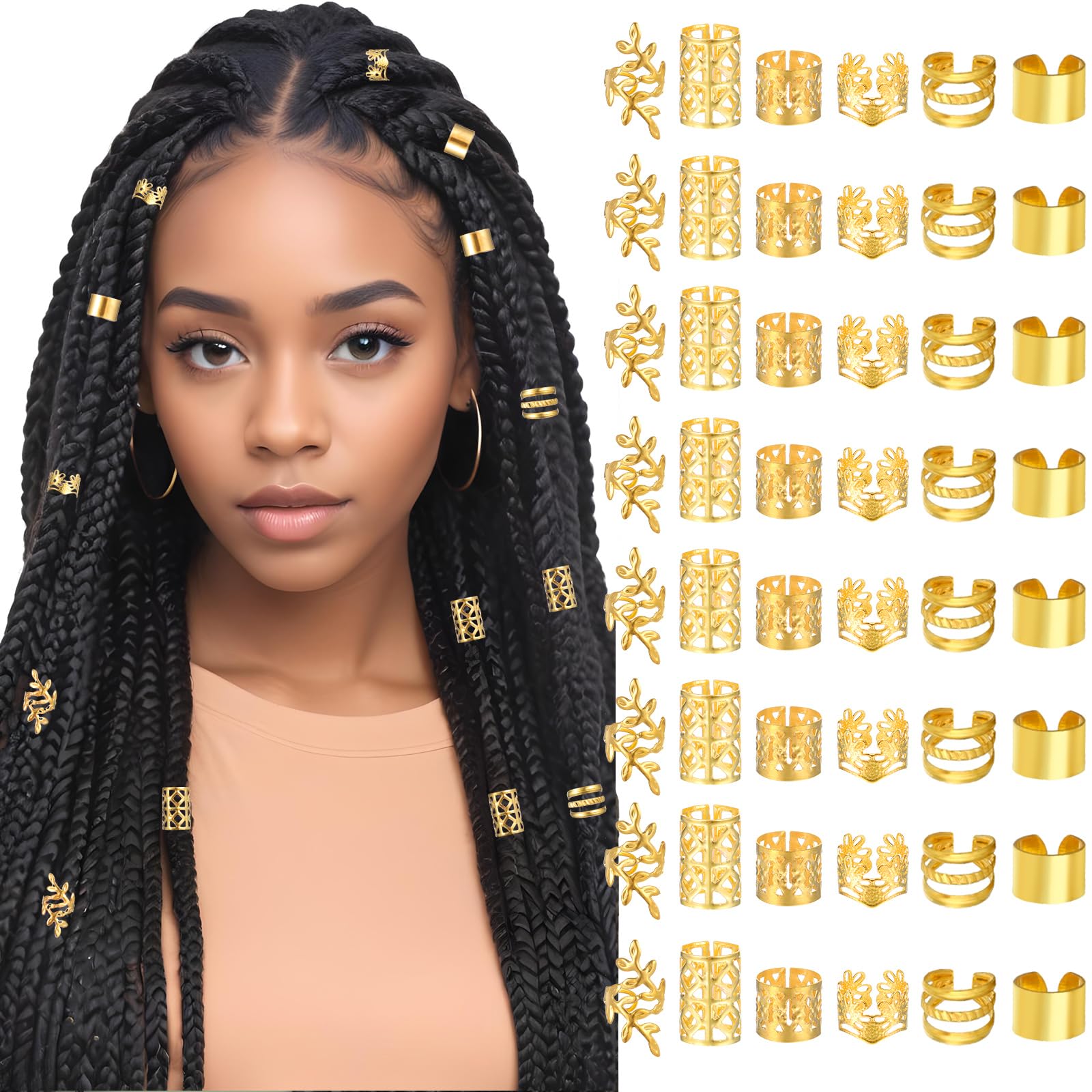 Tyqour 48pcs Hair Jewelry For Braids Accessories Metal Hair Cuffs Adjustable Hair Clips For Braids Hair Rings Hair Jewels Loc Ac