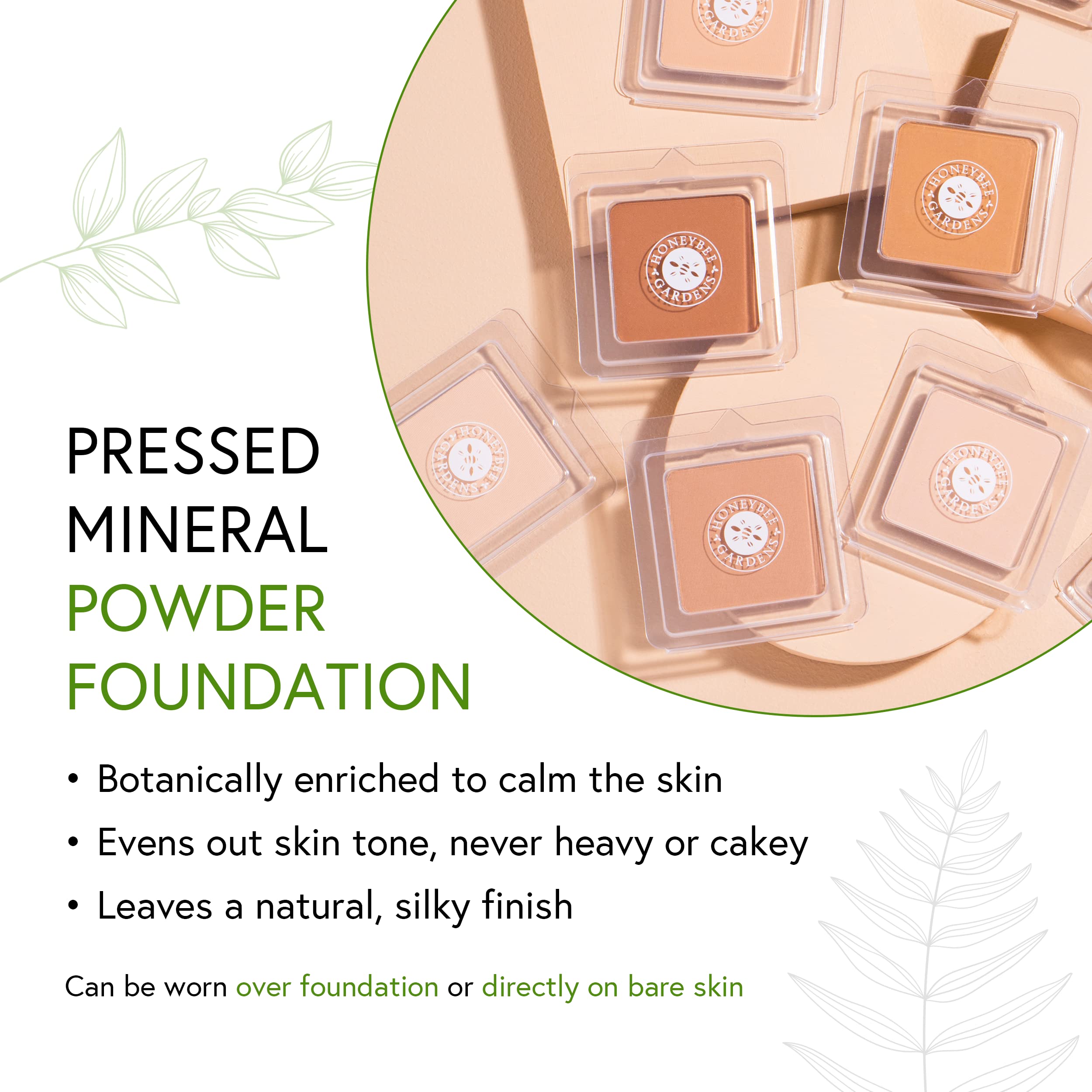 Honeybee Gardens Pressed Mineral Powder Foundation Refill, Sundance, Deep Tan/Mocha, Adjustable Coverage, Natural Finish, With B