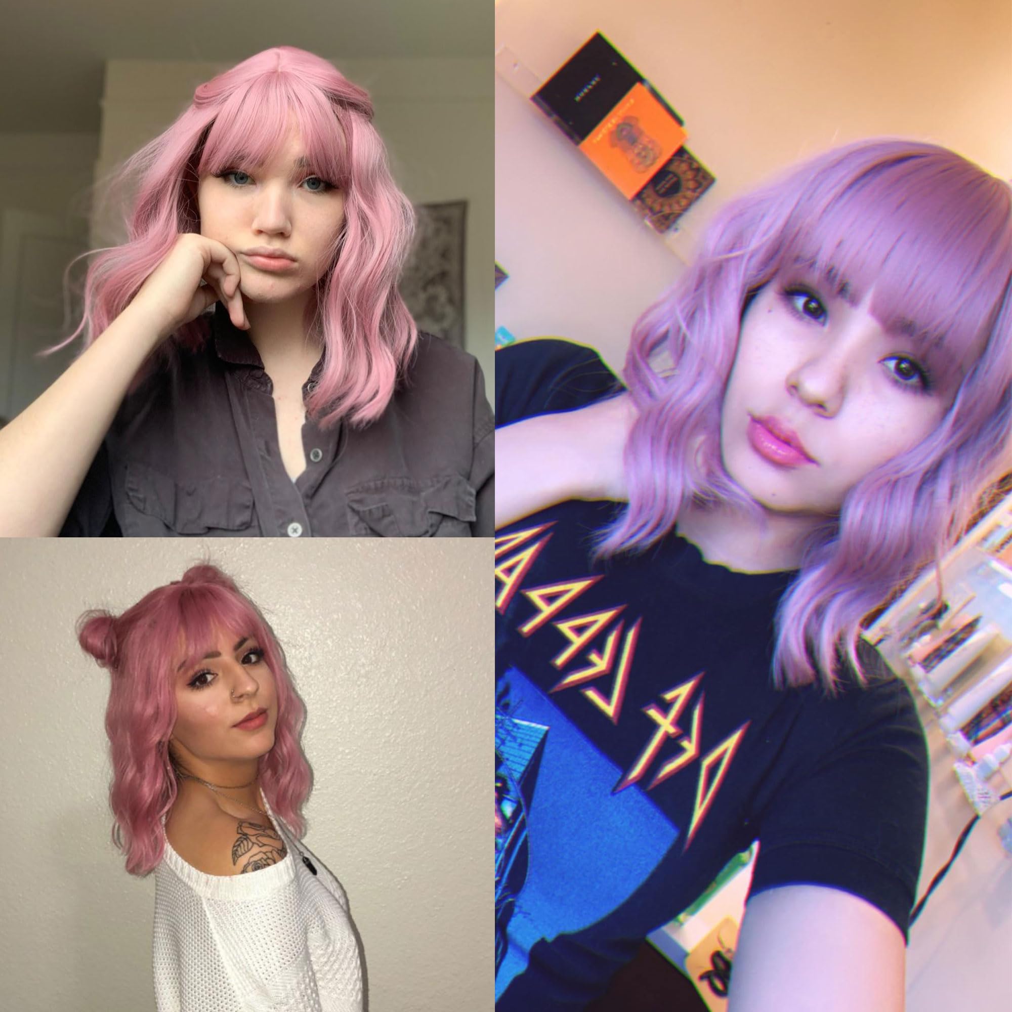 Vckovcko Pastel Wavy Wig With Air Bangs Women'S Short Bob Purple Pink Wigs Curly Wavy Shoulder Length Pastel Bob Wigs Synthetic