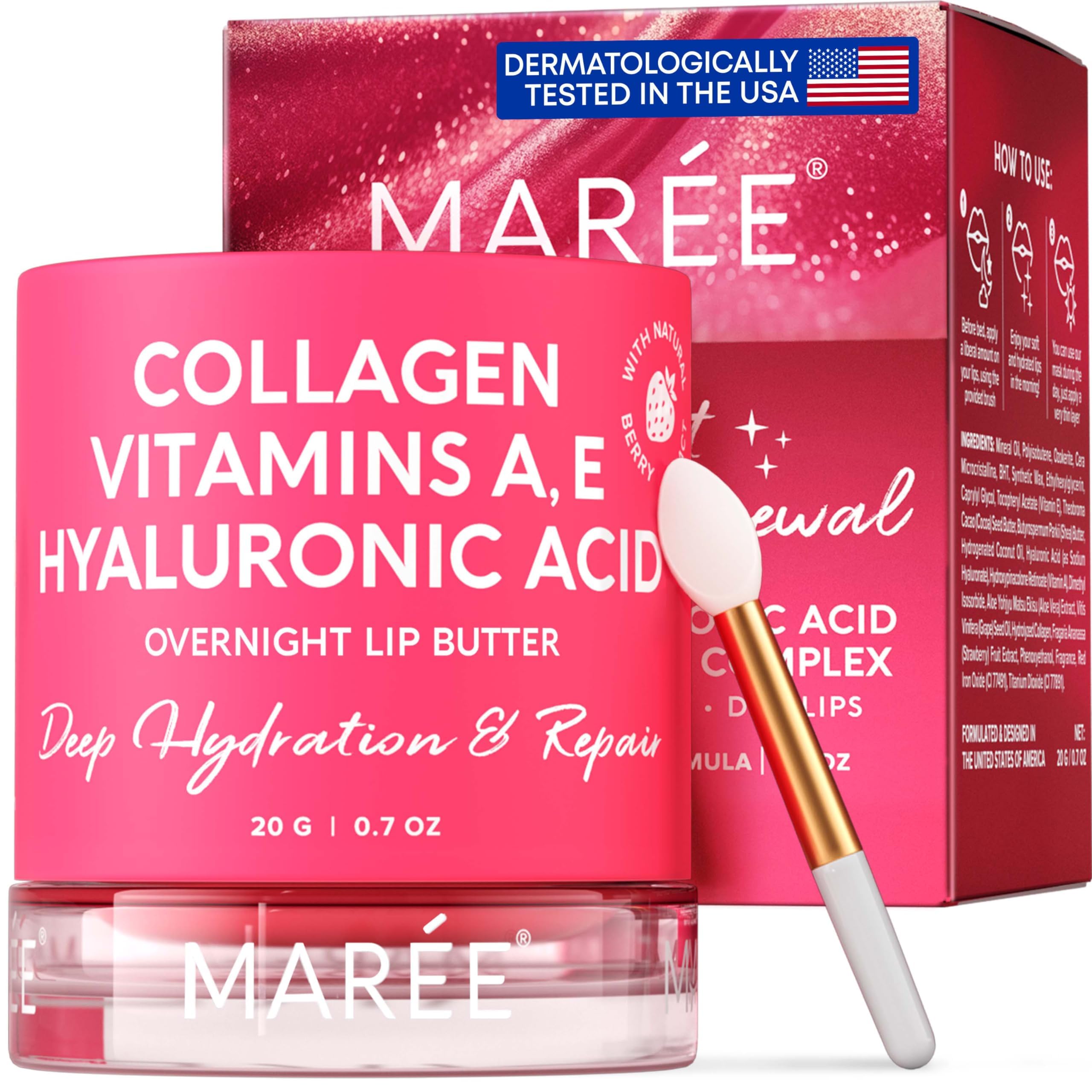 MAREE Lip Mask with Hyaluronic Acid & Coconut Oil - Overnight Collagen Lip Butter to Nourish & Hydrate Dry Cracked Lips - Moistu