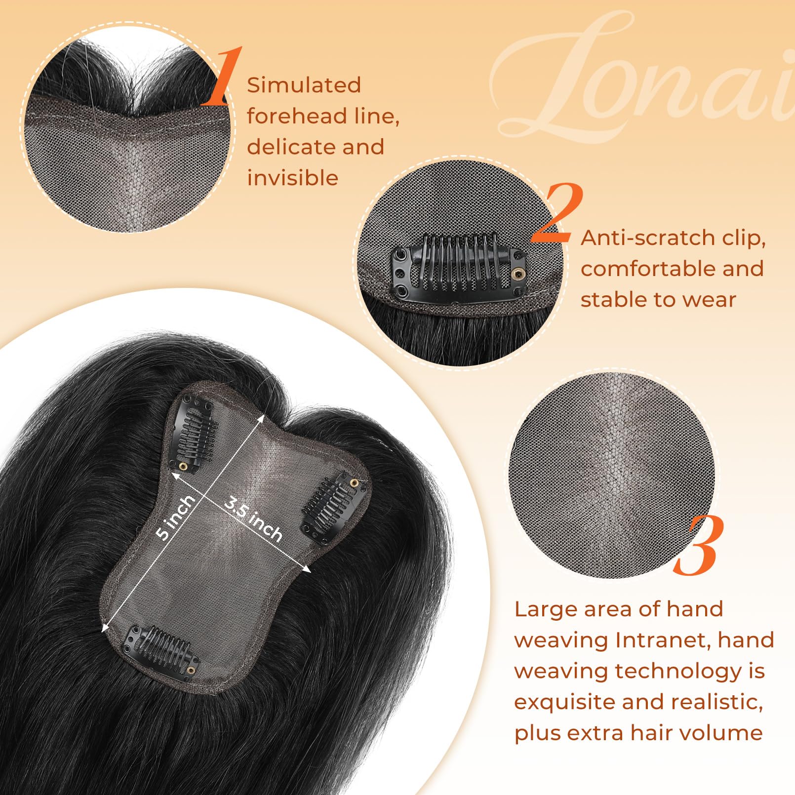 Lonai Real Human Hair Topper, 10 Inch 100% Human Hair Toppers For Thinning Hair, Large Hand-Woven Area Coverage Natural Hairpiec