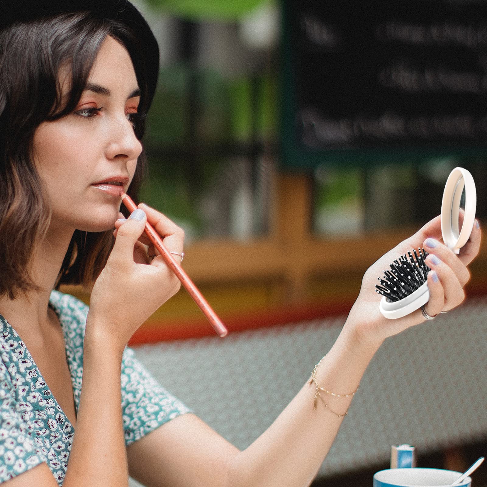 Mini Hairbrush, Pocket Hairbrush With Mirror, Portable For Purse/Pocket, Travel Size (2 Piece Marble Set)