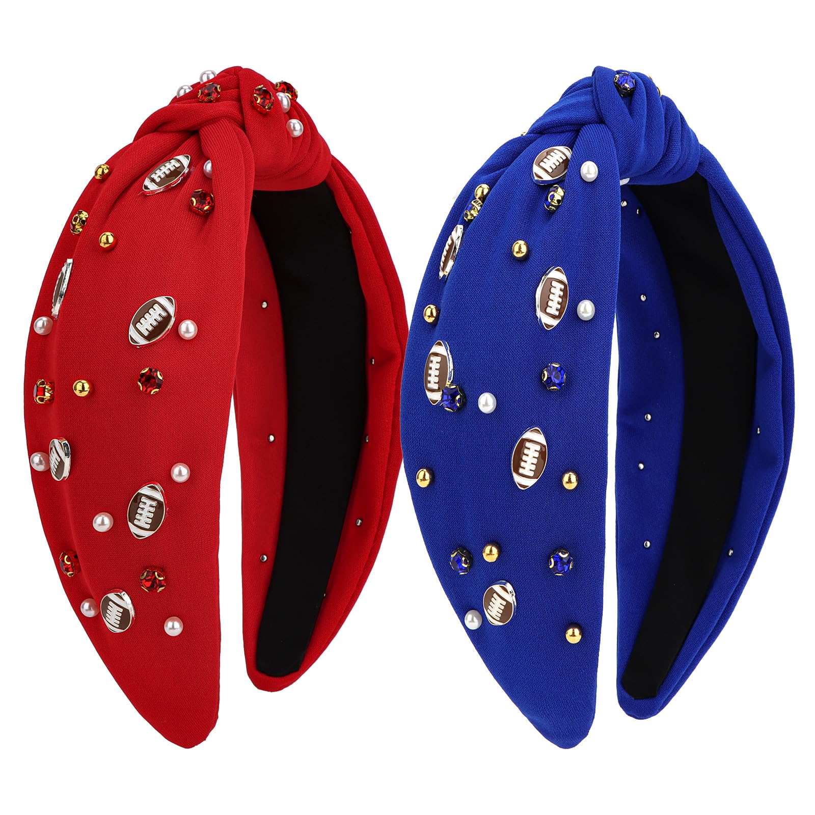Wecoe 2pcs Knot Headbands Game Days Football Pearl Rhinestone Wide Cloth Headbands Cute Red Blue Head Bands Fashion Sparkly Bead