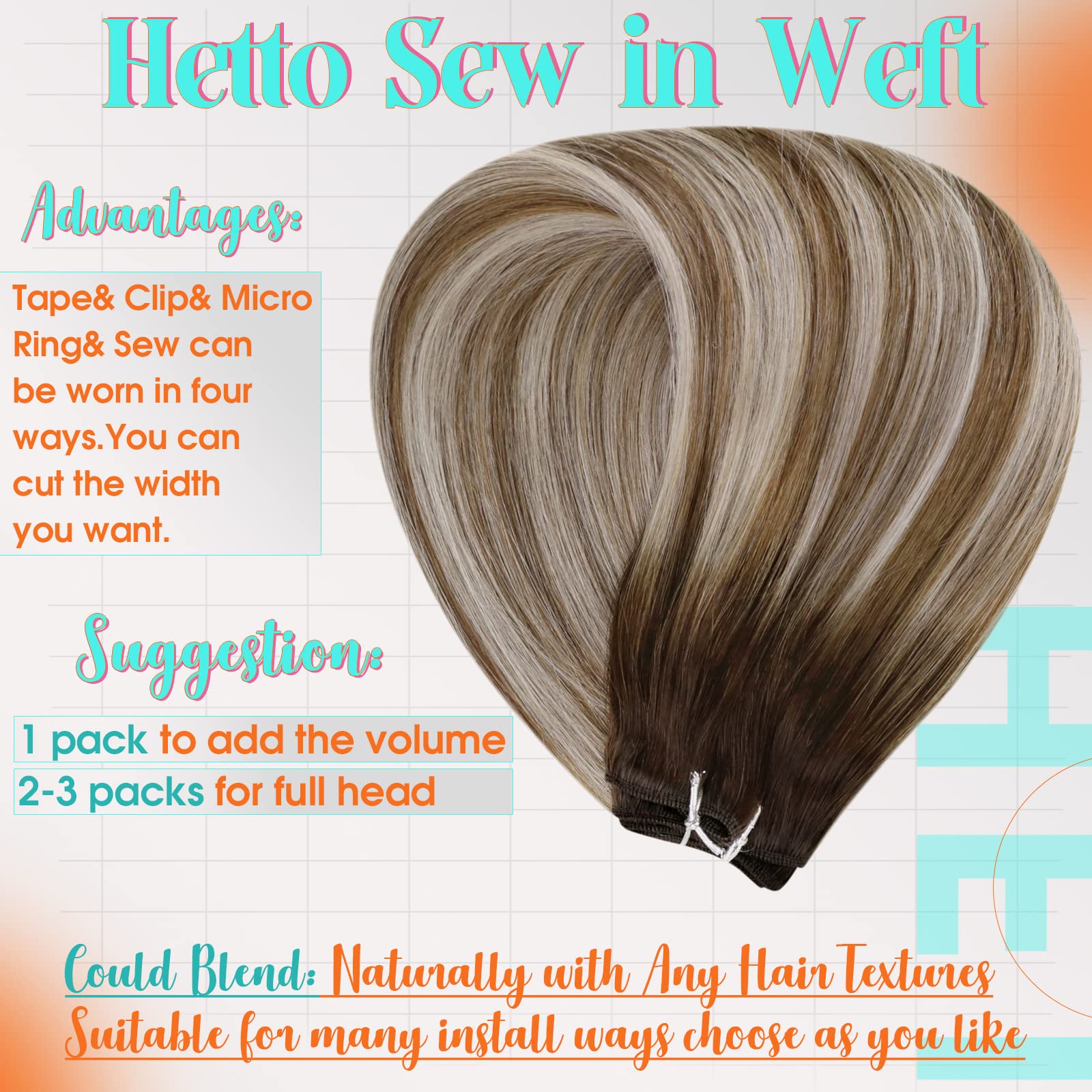 Hetto Balayage Weft Hair Extensions Human Hair #3/8/22 Brown to Medium Brown Mixed Light Blonde Weft Human Hair Extensions 20 In