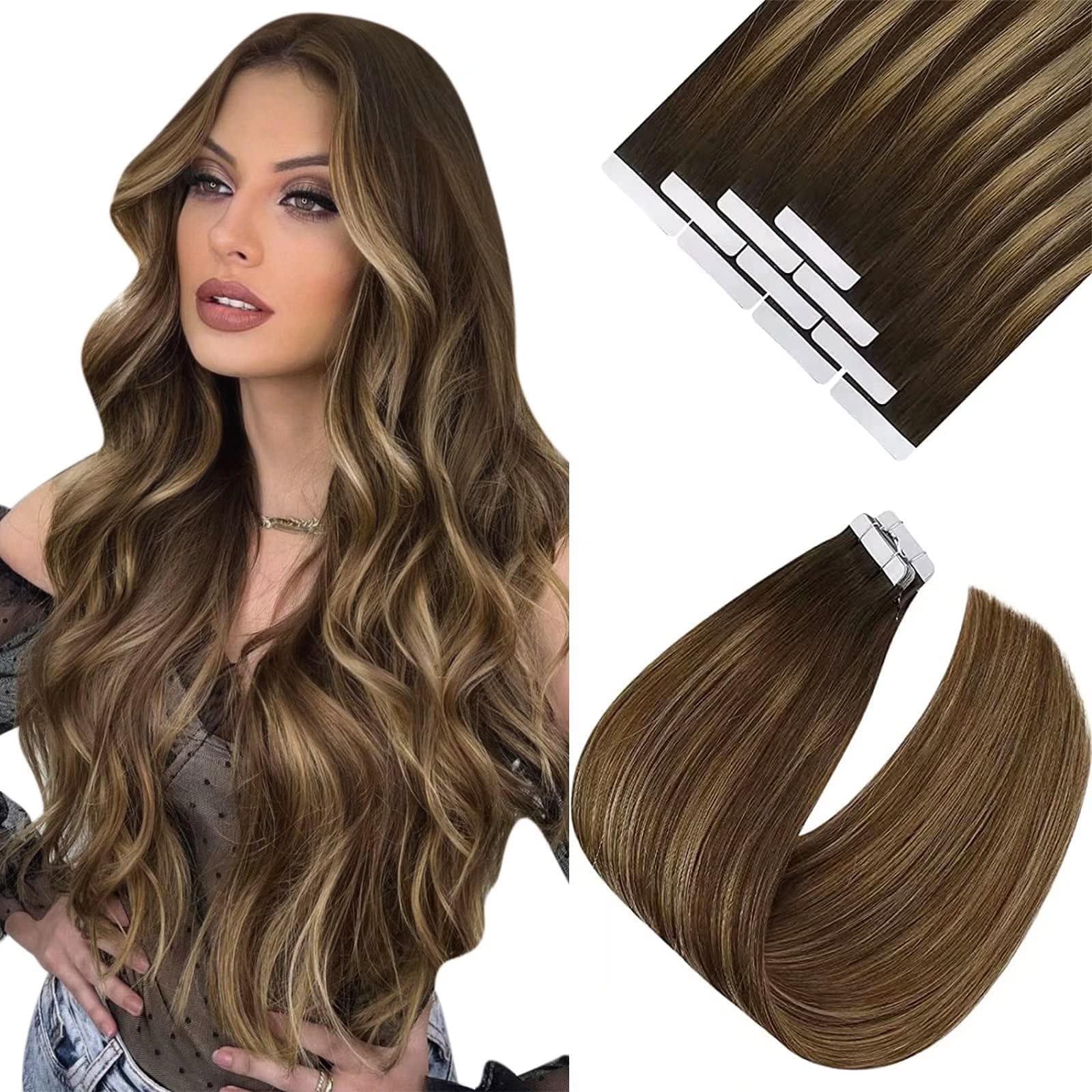 Ve Sunny Tape In Hair Extensions Human Hair Brown Balayage Tape In Human Hair Extensions Chocolate Brown Mix Caramel Blonde Bala