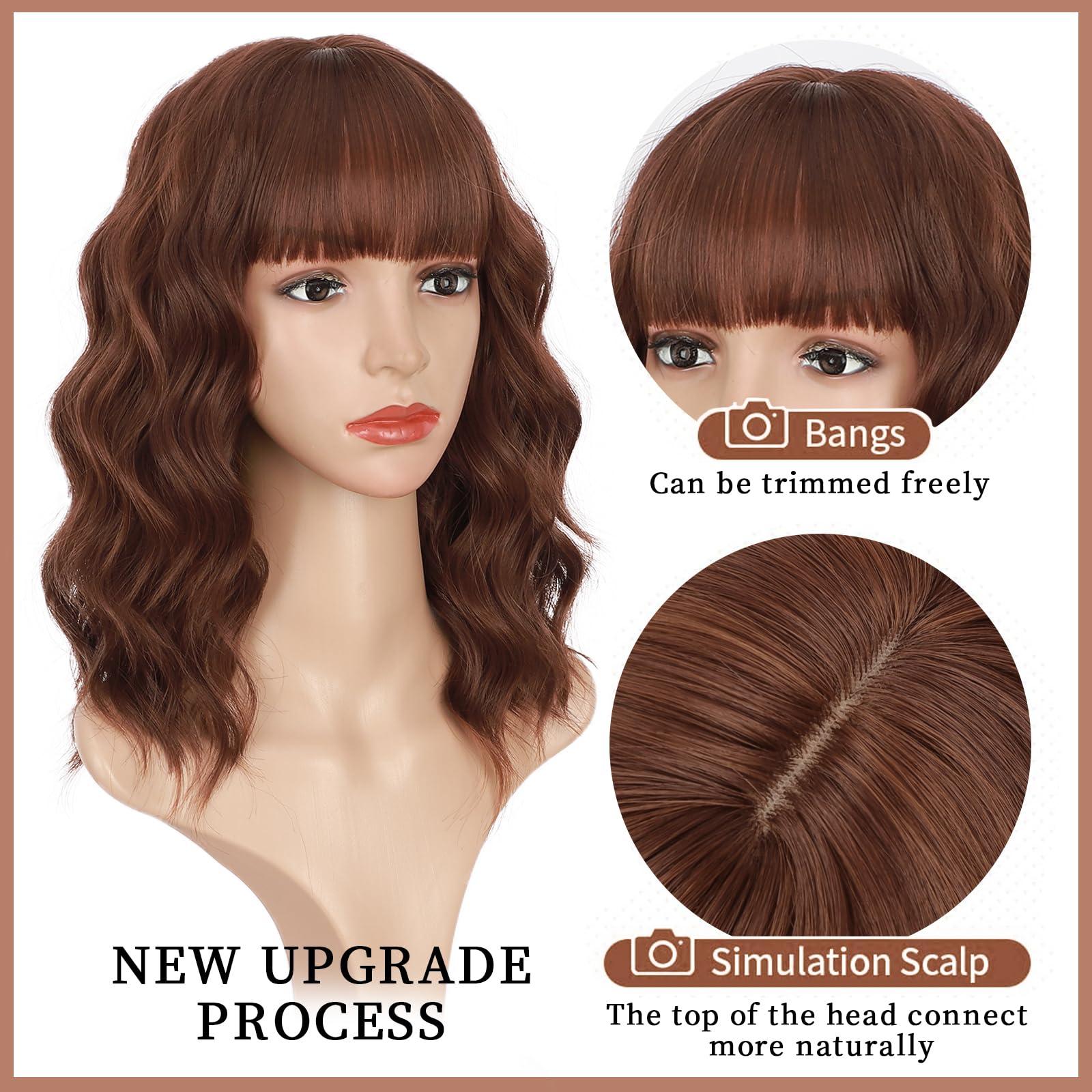 Lativ Brown Wig With Bangs Short Wavy Wigs For Women Shoulder Length Curly Bob Wigs Heat Resistant Synthetic Wigs For Halloween