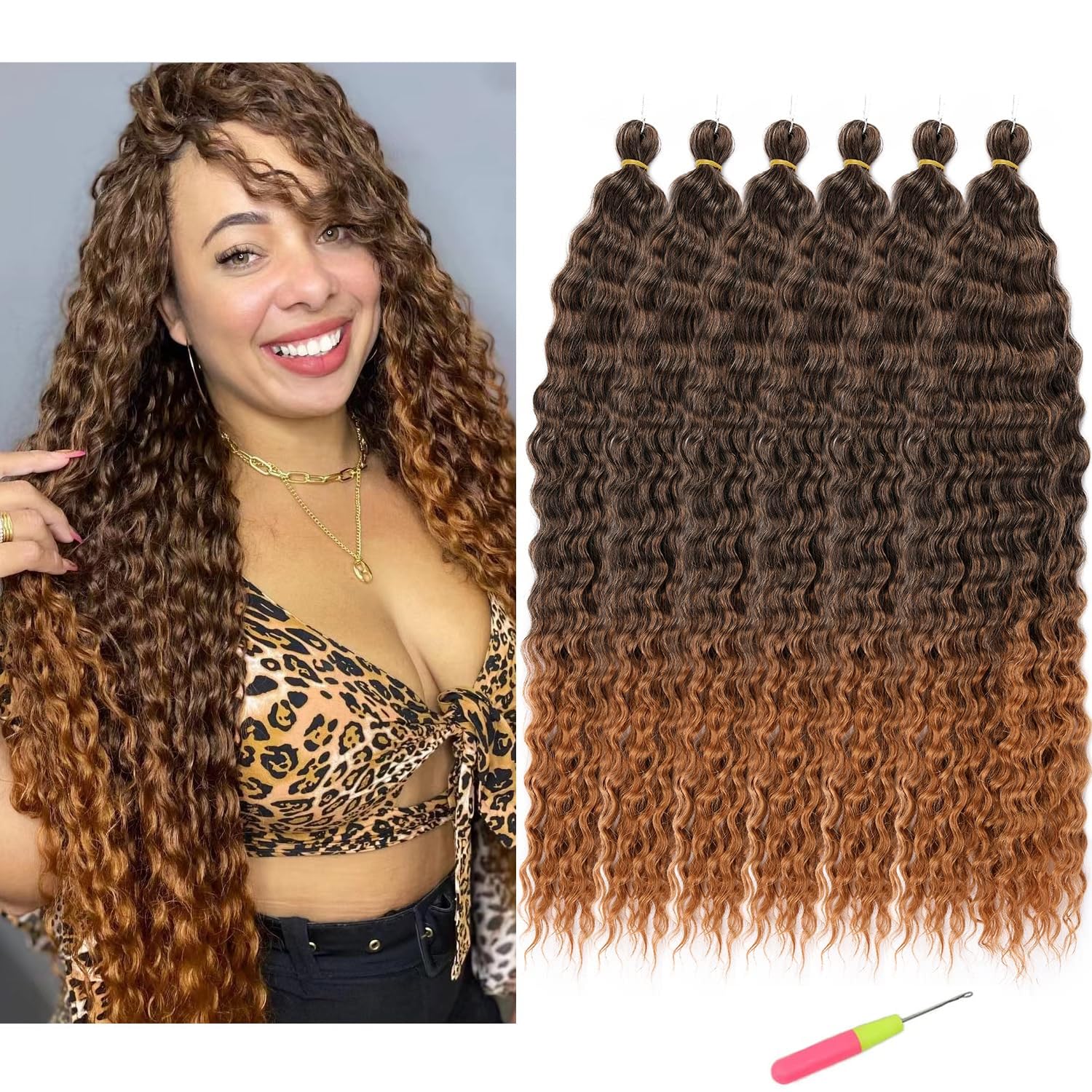 Ocean Wave Crochet Hair Extensions 30in, Curly Crochet Hair Extensions, Synthetic Ombre Crochet Hair Extensions 6packs for Women